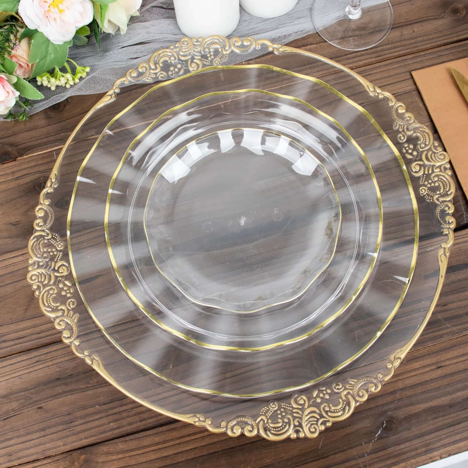 10-Pack Plastic Round 6" Dessert Plates in Clear Ruffled Rim with Gold Edging - Sturdy Disposable Salad Appetizer Dinnerware