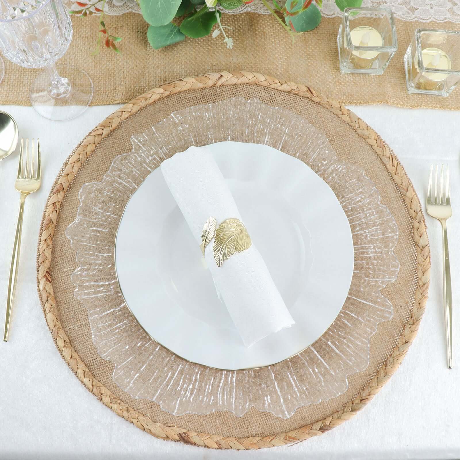 10-Pack Plastic 9" Round Dinner Plates in White Ruffled Rim with Gold Edging - Sturdy Disposable Dinnerware for Classy Events & Banquets