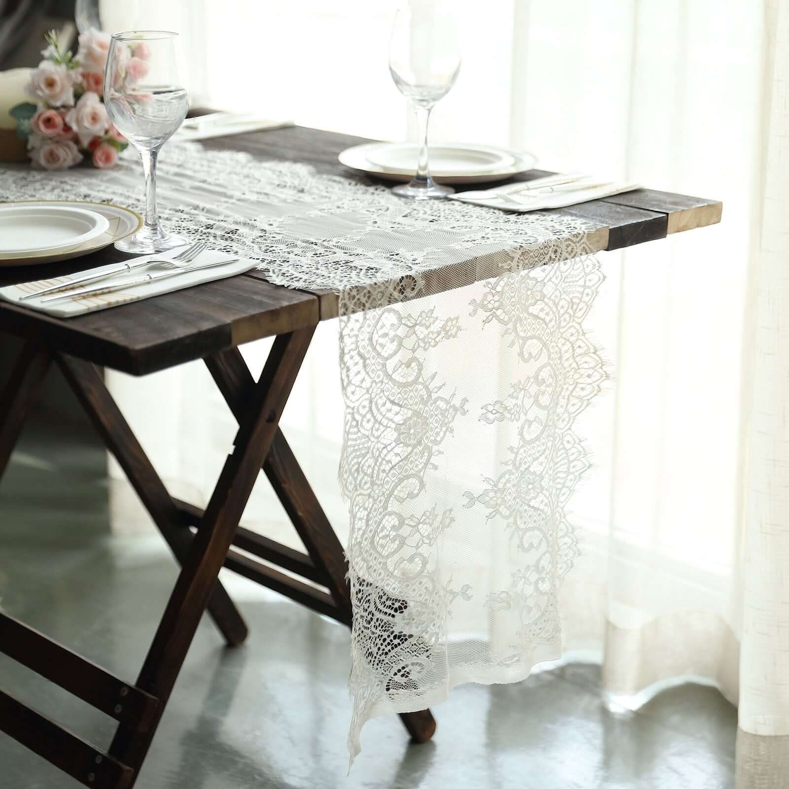 Premium Lace Fabric 15"x117" Table Runner Ivory - Scalloped Lace Elegance
