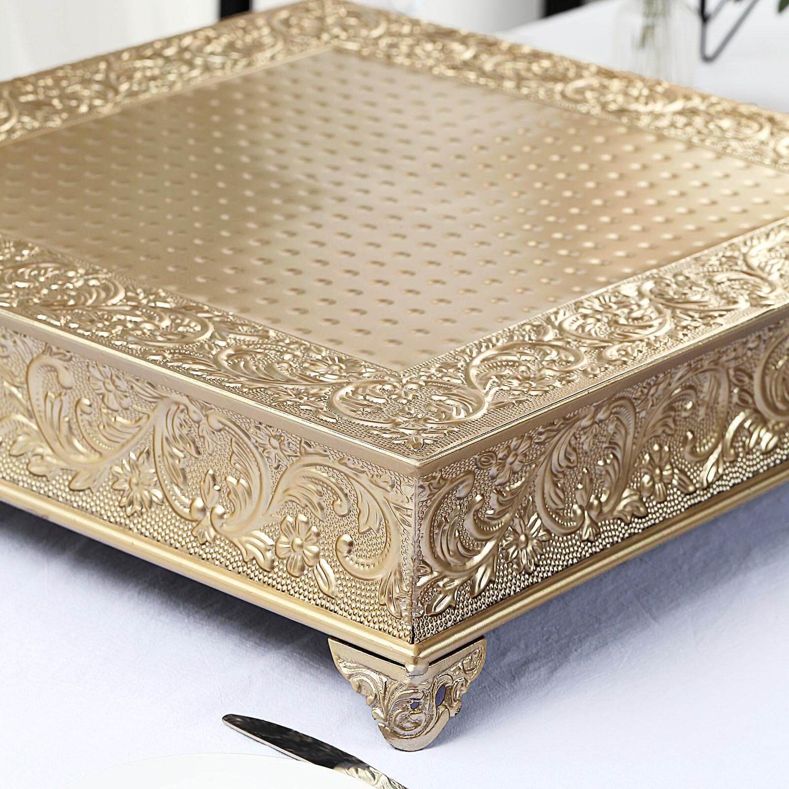 22" Square Gold Embossed Cake Pedestal, Metal Cake Stand Cake Riser