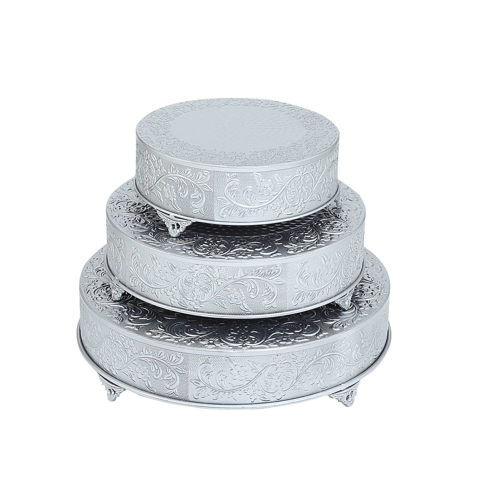 Metal 18" Round Cake Pedestal Stand Matte Silver - Cupcake Dessert Display Riser with Intricate Embossed Design for Upscale Events & Gatherings