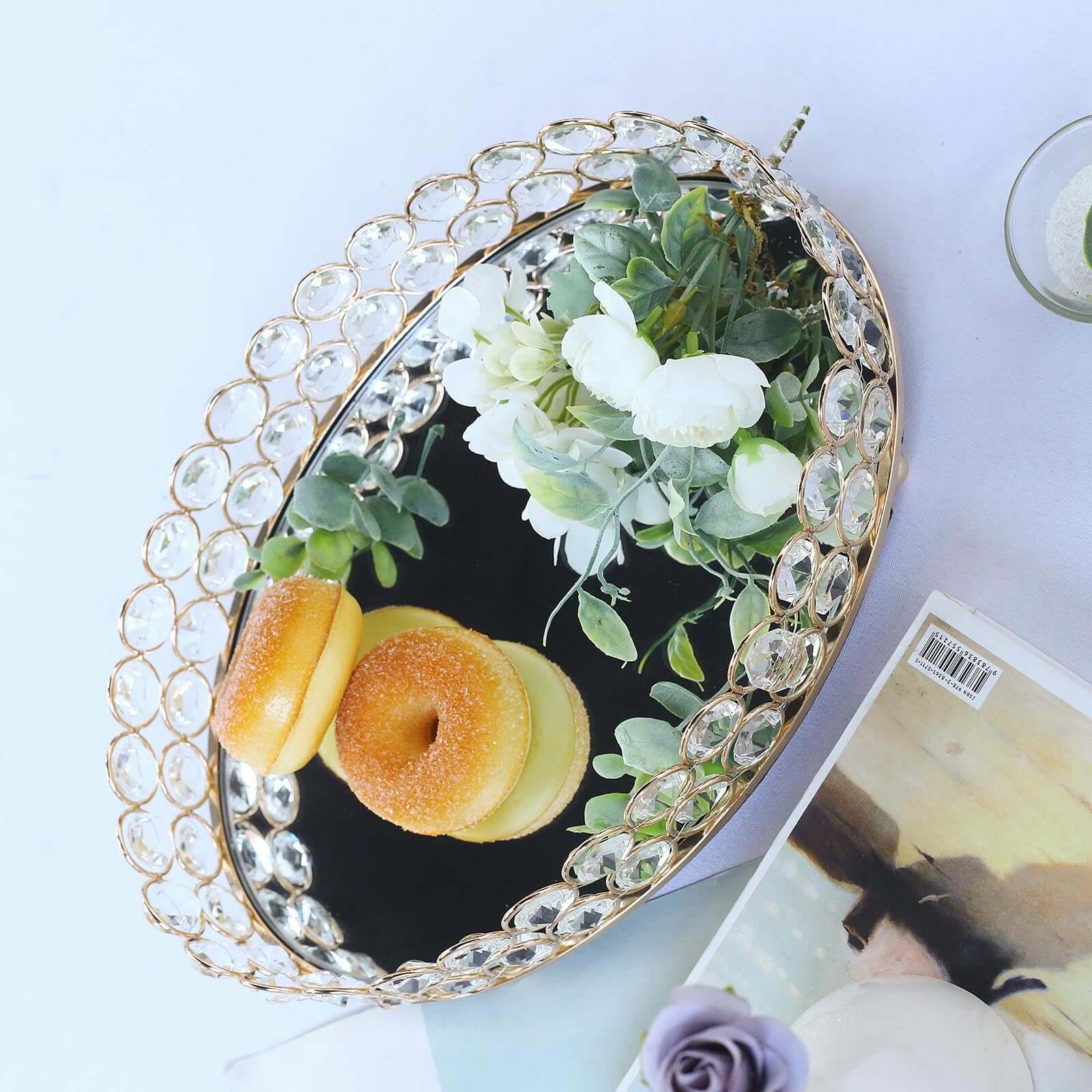 Metal Mirrored Oval Serving Tray 12"x8" in Gold with Crystal Beads, Glamorous Decorative Vanity Tray Centerpiece