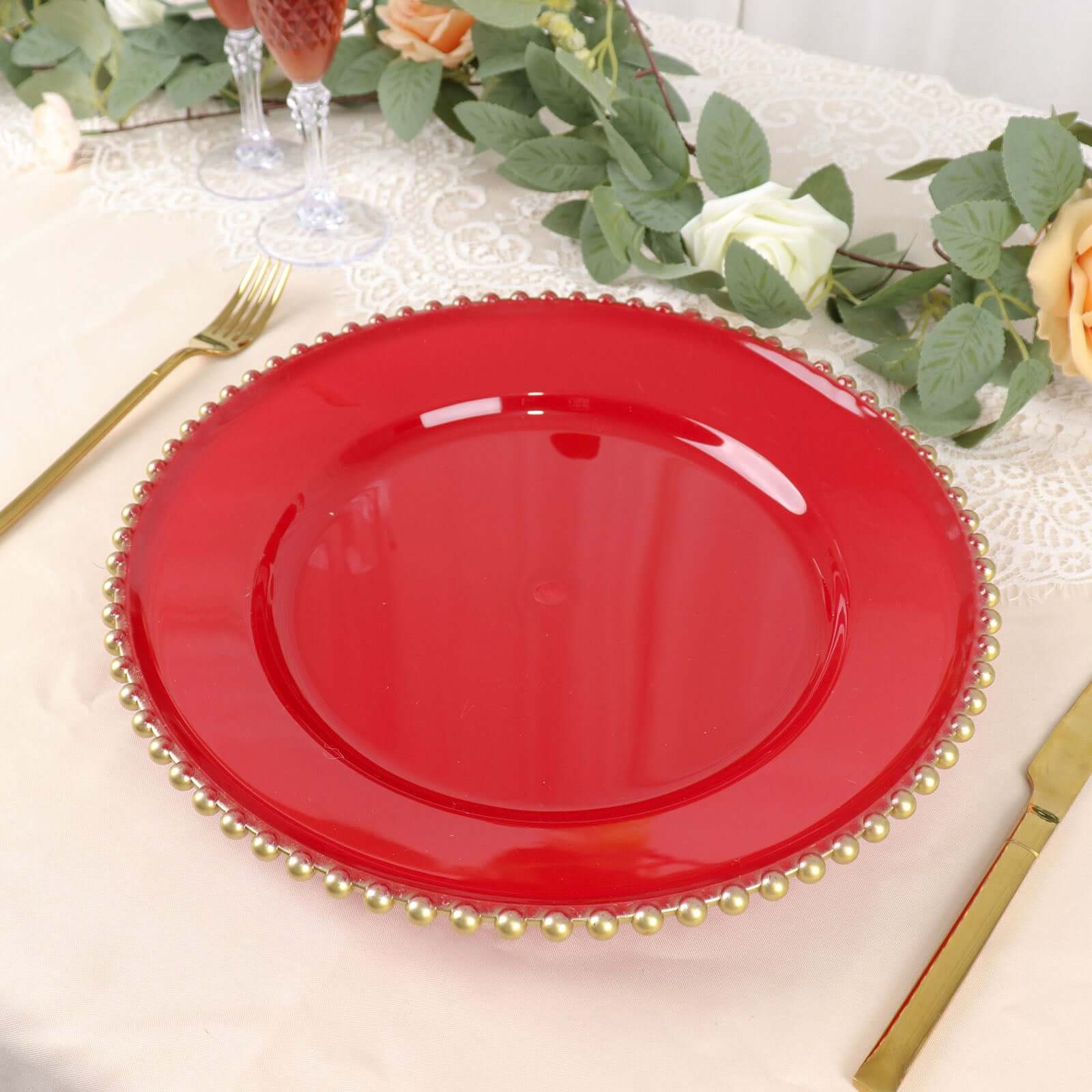 6-Pack Acrylic Round Charger Plates 13" in Red with Gold Beaded Rim, Decorative Dinner Party Charger Tableware