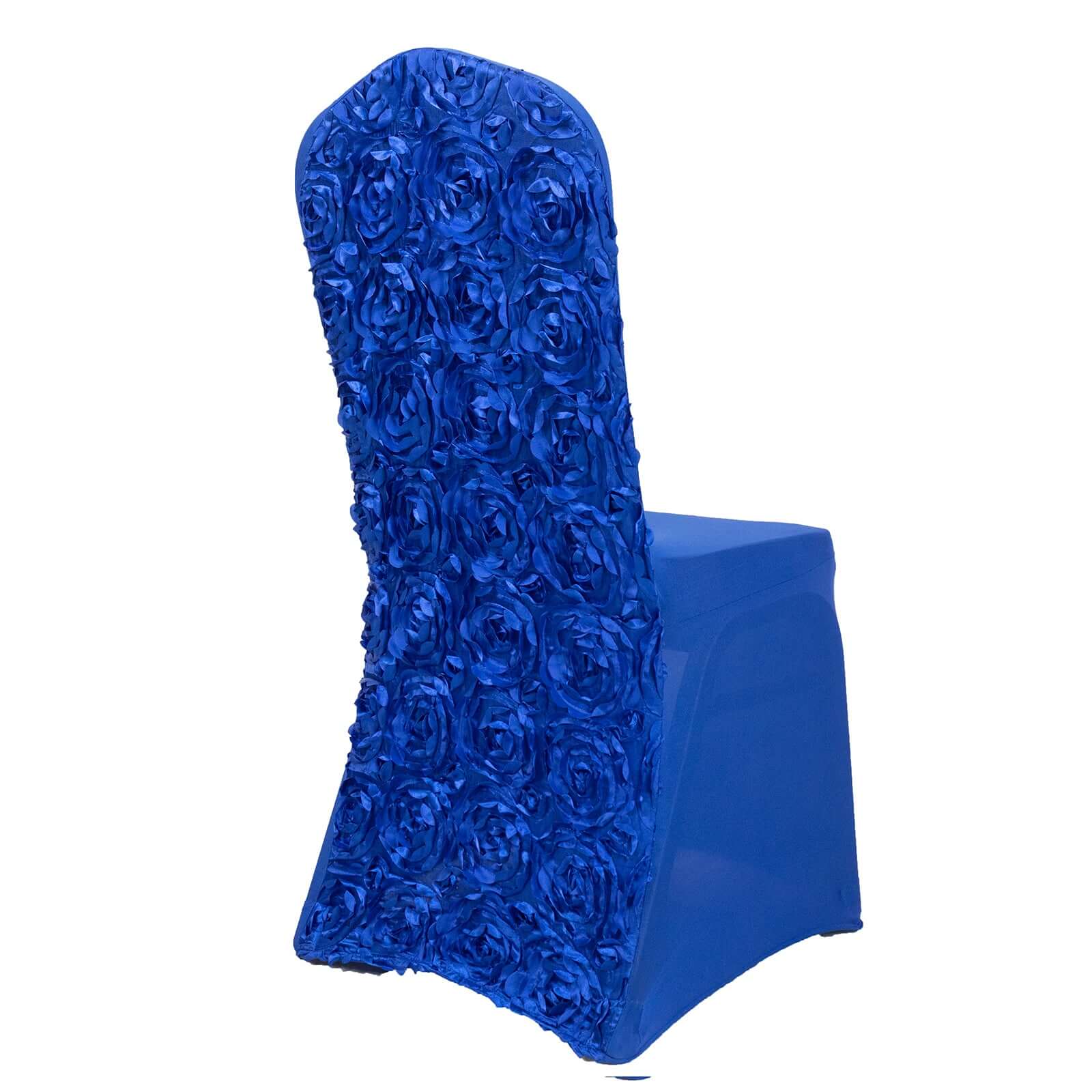 Satin Rosette Chair Cover for Banquet Chairs Royal Blue - Stretch Fitted Slip-On Slipcover