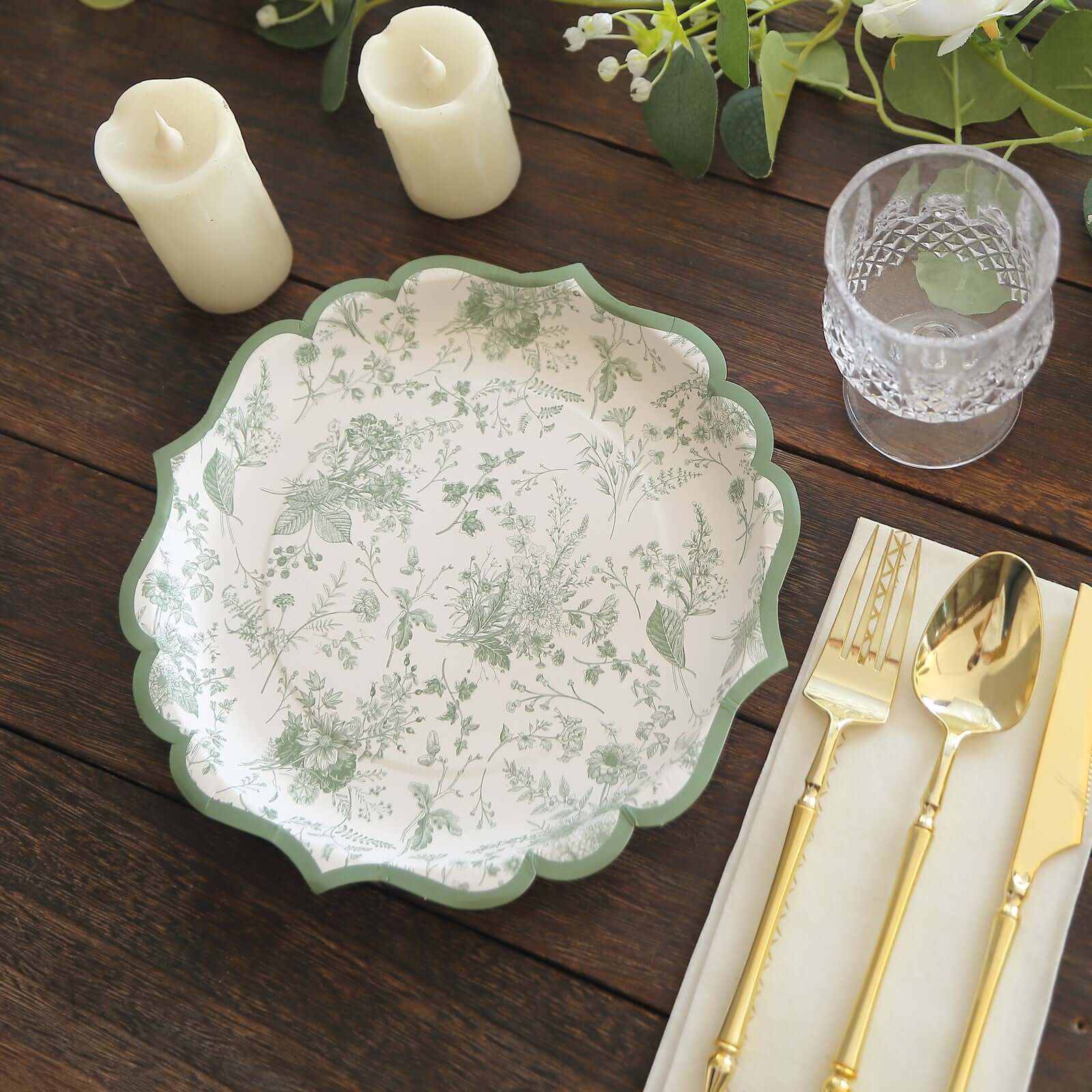 25-Pack Paper 10" Round Dinner Plates in White with Sage Green French Toile Design & Scalloped Rim - Disposable 300GSM Party Plates for Classy Events & Special Occasions