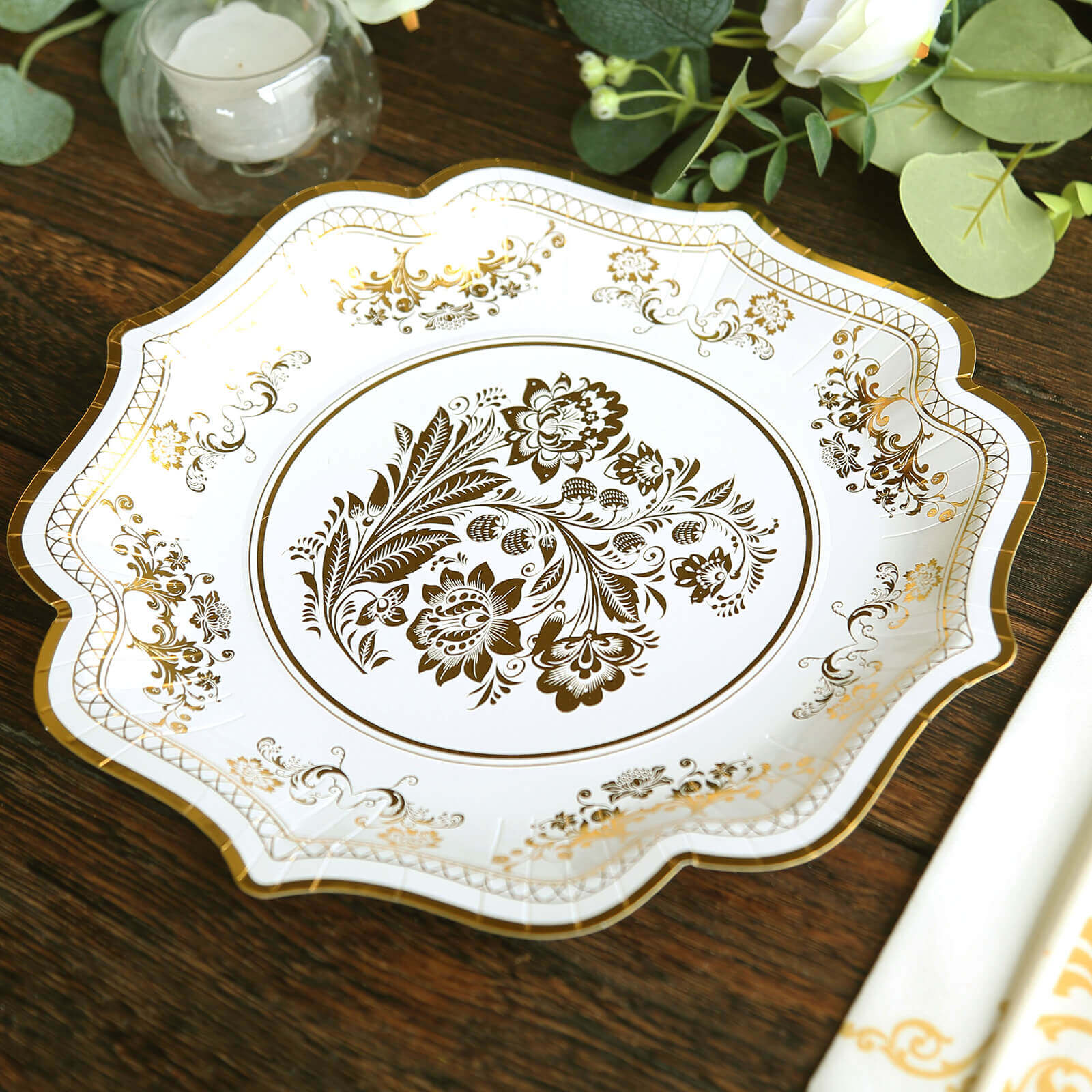 25-Pack Paper Dinner Plates in White Gold Damask Floral Print & Scallop Rim - Stylish Disposable 300GSM Floral Party Plates 10"