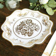 25-Pack Paper Dinner Plates in White Gold Damask Floral Print & Scallop Rim - Stylish Disposable 300GSM Floral Party Plates 10"