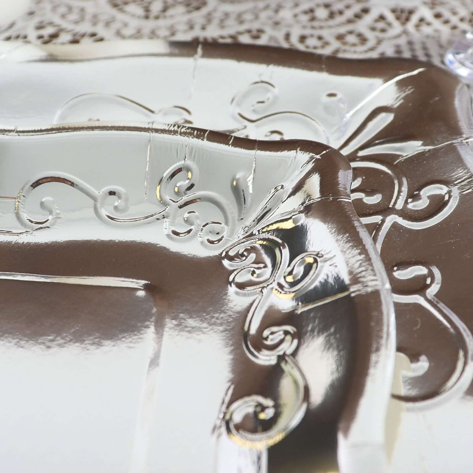 25-Pack Paper 7" Square Dessert Plates in Silver with Vintage Pottery Embossed Design - Shiny Metallic Disposable Appetizer Plates