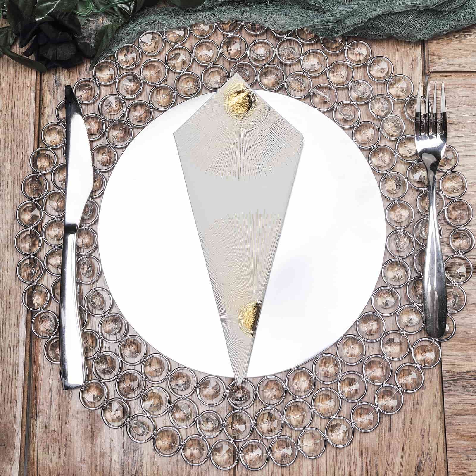 Wired Metal Round Charger Plate 14" in SIlver with Acrylic Crystal Beads, Glamorous Decorative Dinner Charger Tableware