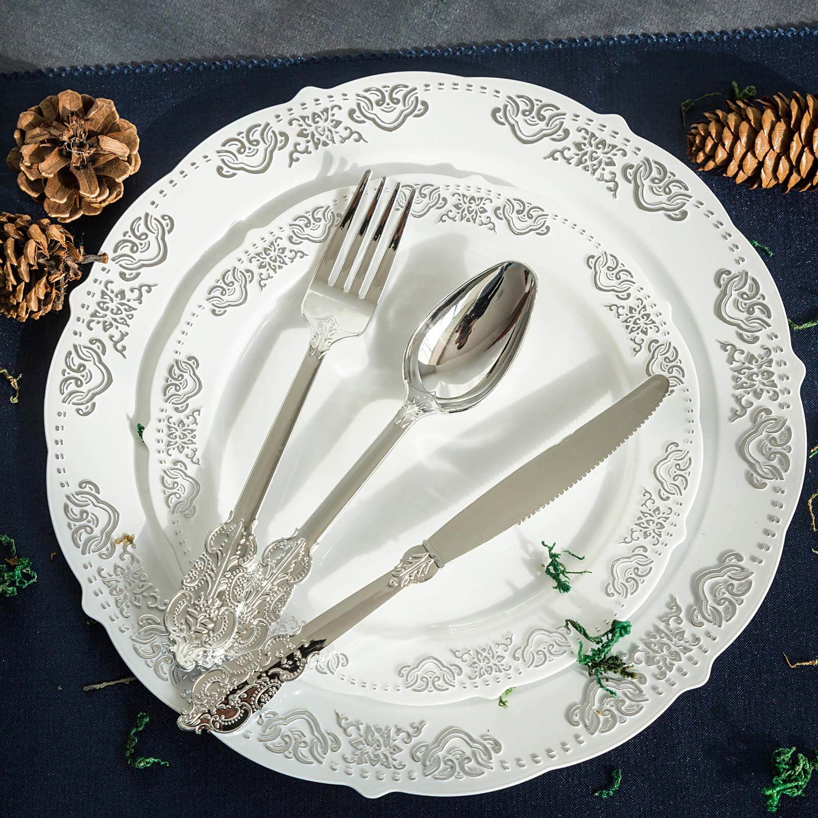 24-Pack Plastic Forks Baroque Style Metallic Silver - Heavy Duty Disposable Silverware 8"