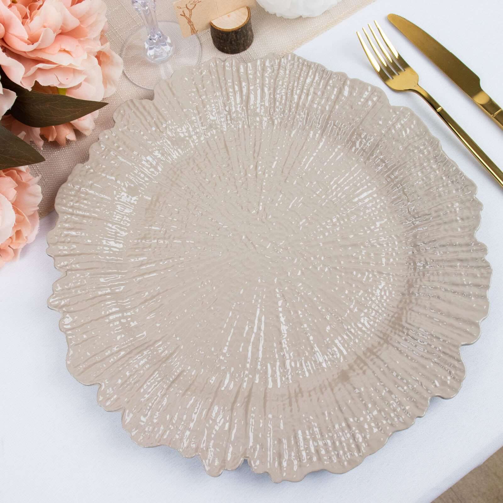 6-Pack Acrylic Plastic Round Charger Plates 13" in Taupe with Reef Design, Dinner Charger Tableware
