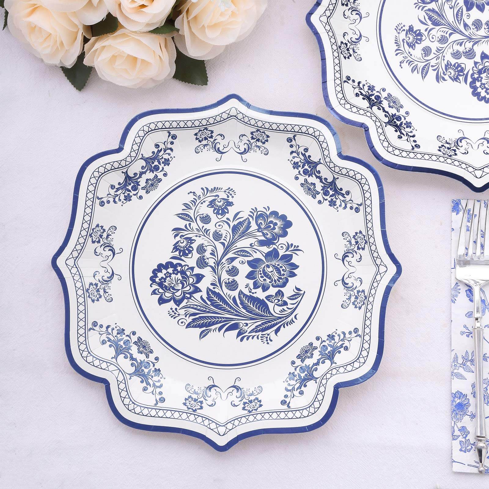 25-Pack Paper Dinner Plates in White Light Blue Damask Floral Print & Scallop Rim - Stylish Disposable 300GSM Floral Party Plates 10"