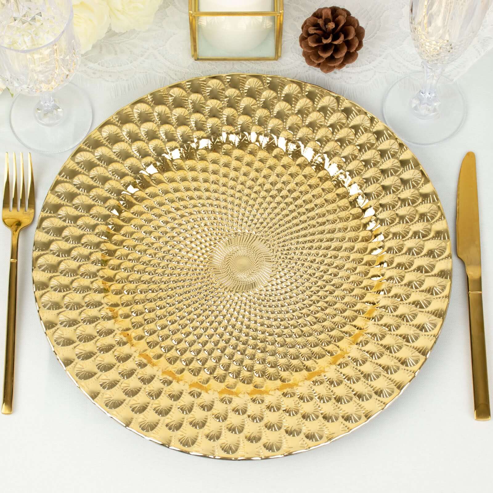 6-Pack Plastic Round Charger Plates 13" in Gold with Peacock Pattern, Exquisite Decorative Dinner Party Charger Tableware