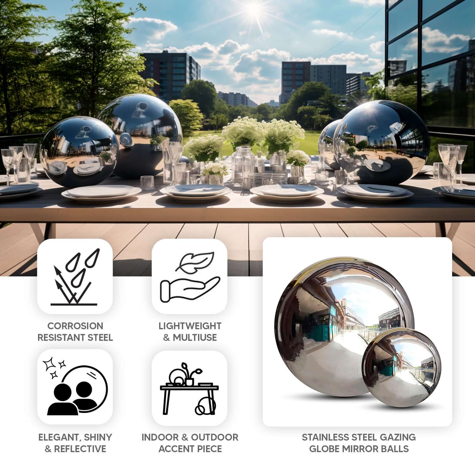 Gazing Globe Mirror Ball Reflective Hollow Stainless Steel Silver Sphere - Decorative Garden Display Piece 16"