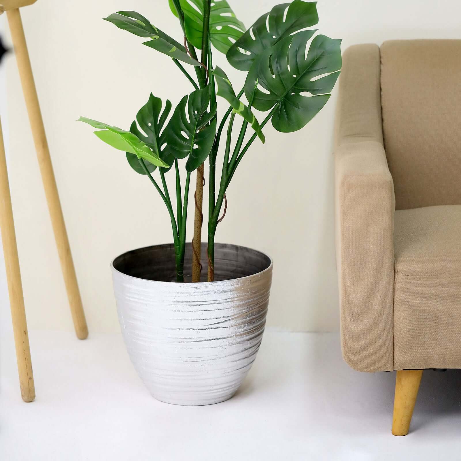 12" Metallic Silver Textured Finish Large Indoor Flower Plant Pot, Decorative Indoor Outdoor Planter