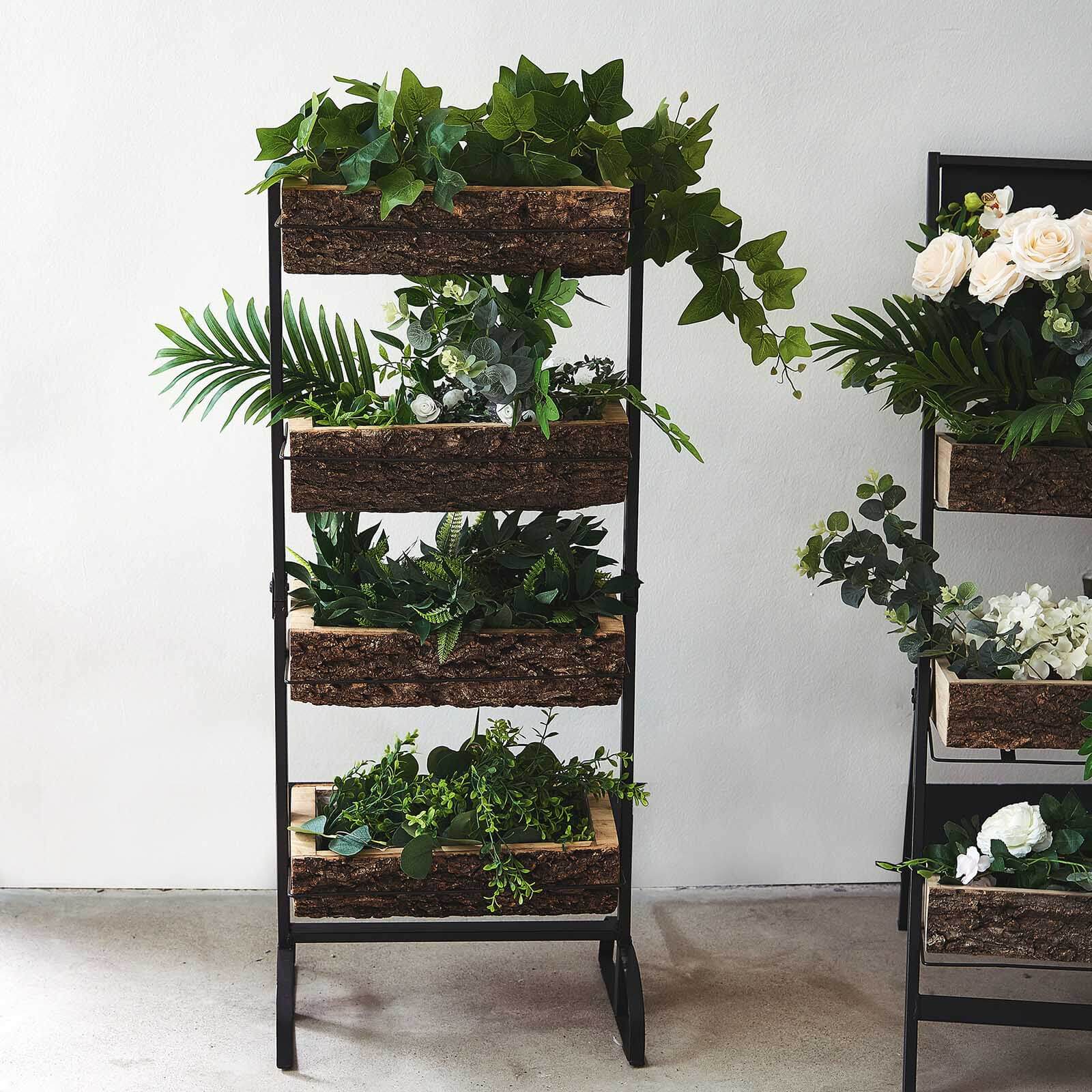 42" 4-Tier Metal Ladder Plant Stand With Natural Wooden Log Planters