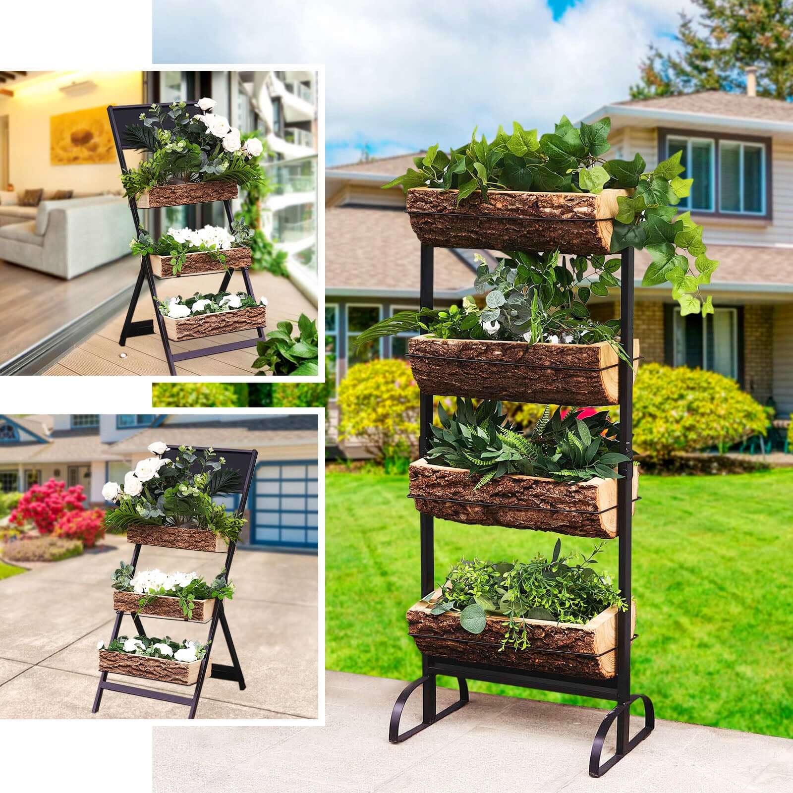 42" 4-Tier Metal Ladder Plant Stand With Natural Wooden Log Planters