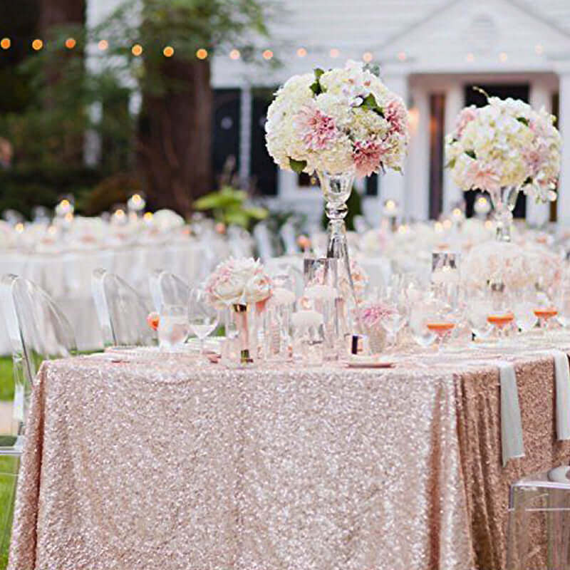 Sequin 90"x156" Rectangle Tablecloth Rose Gold - Seamless Twinkling Table Cover