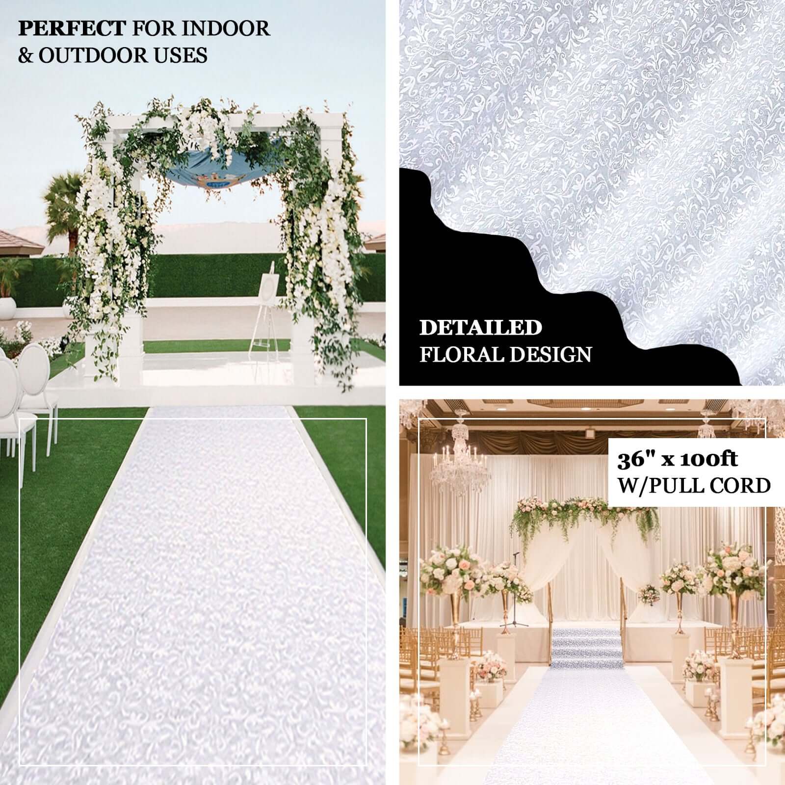 36"x100ft White Floral Lace Aisle Runner