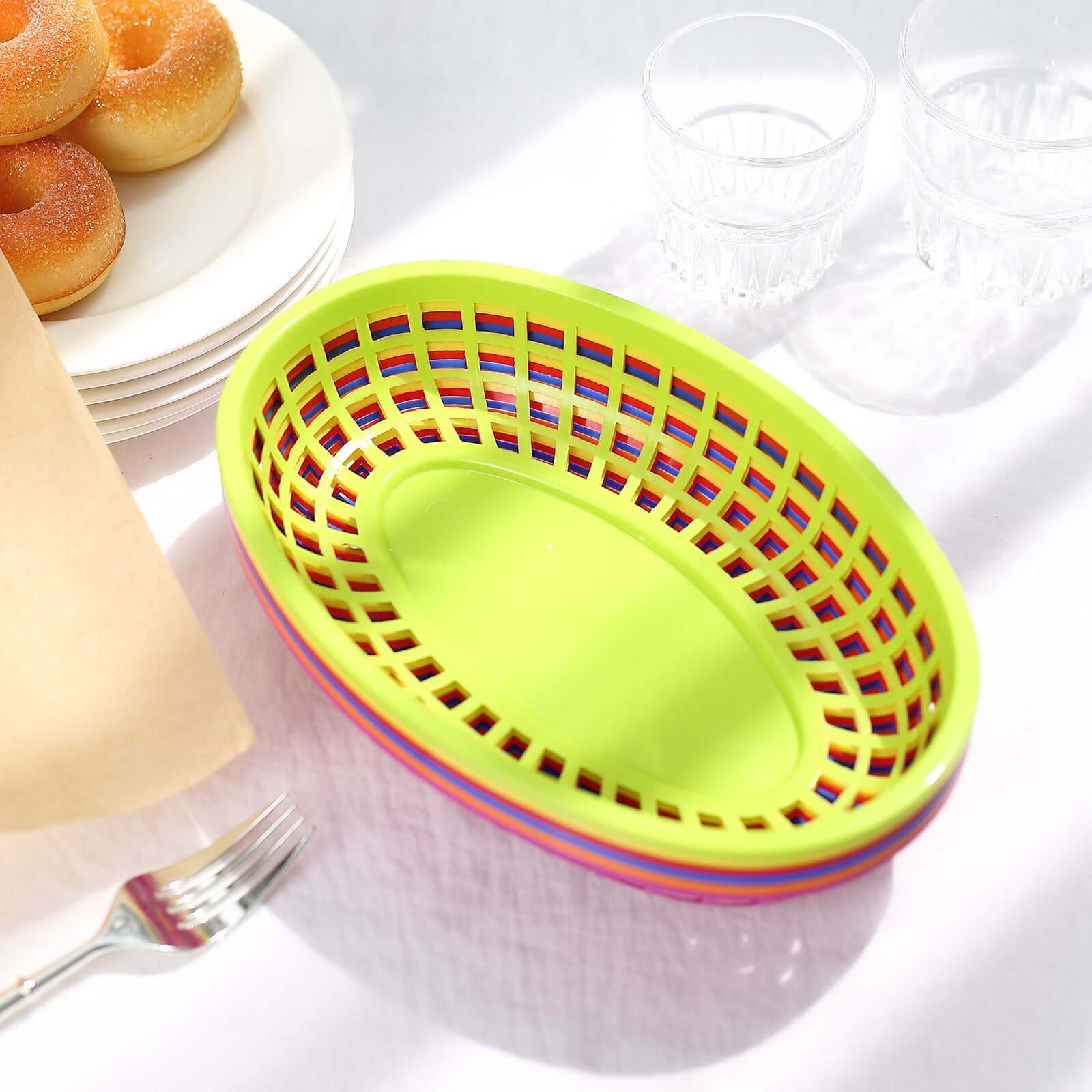 6-Pack Plastic Food Baskets with 50 Wax Paper Liners Assorted Colors - Durable Oval Deli Serving Trays