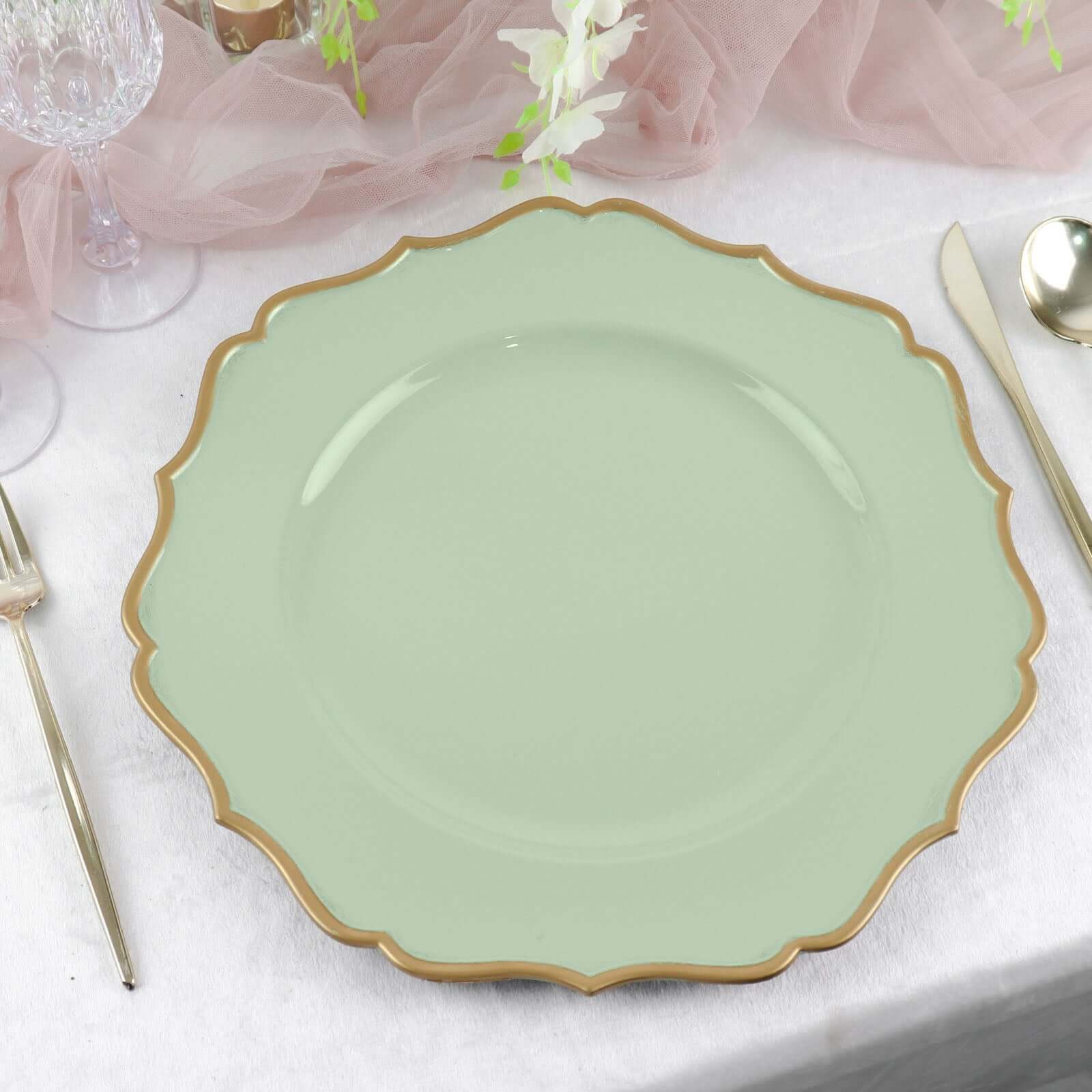 6-Pack Acrylic Round Charger Plates 13" in Sage Sage Green with Gold Scalloped Rim, Decorative Dinner Party Plastic Charger Tableware