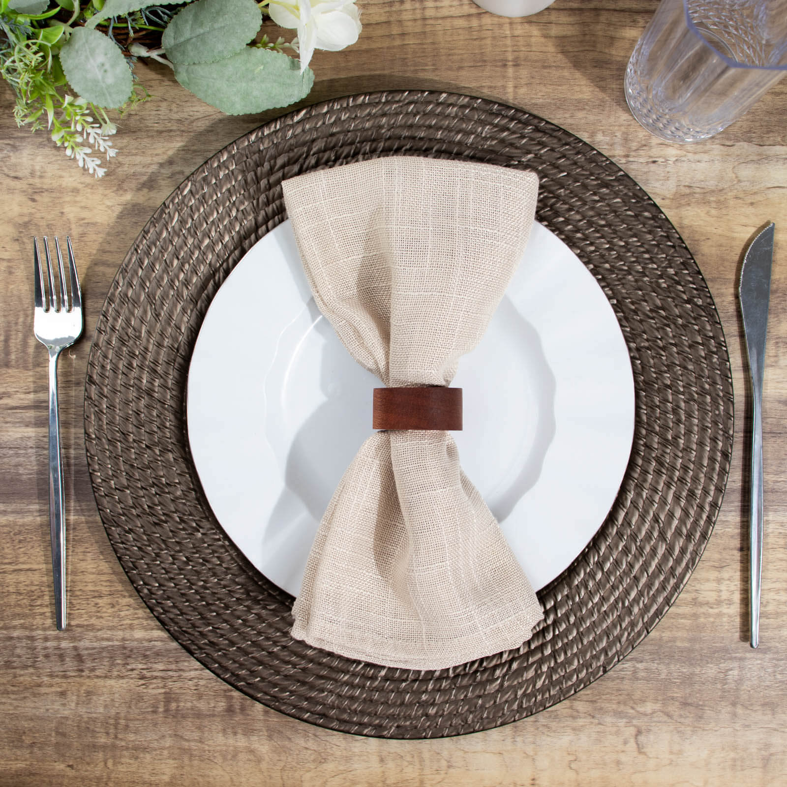 6-Pack Acrylic Round Charger Plates 13" in Natural Brown with Rattan-Like Design, Farmhouse Disposable Plastic Charger Tableware