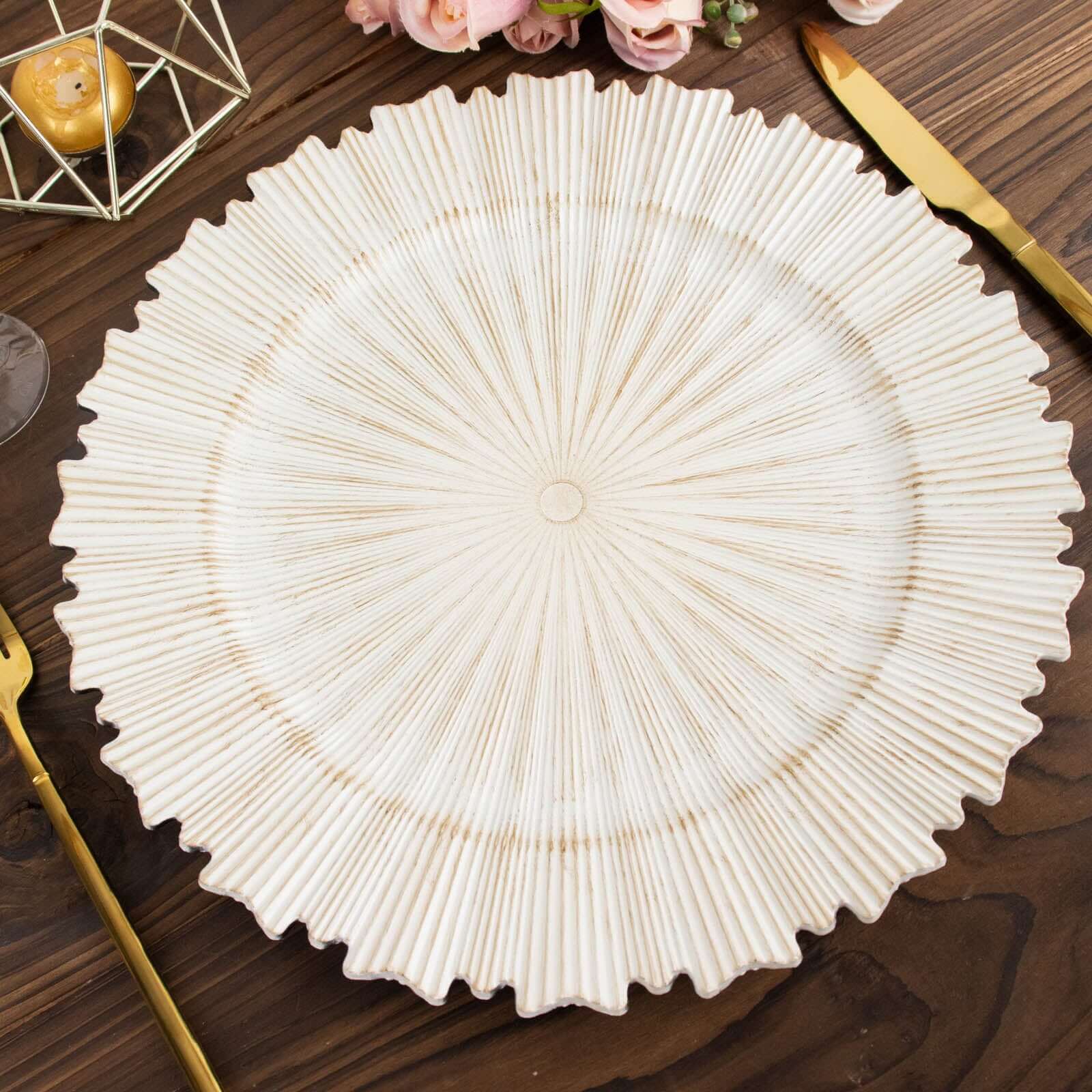 6-Pack Acrylic Plastic Round Charger Plates 13" in Washwhite with Sunray Scalloped Rim, Decorative Dinner Party Charger Tableware