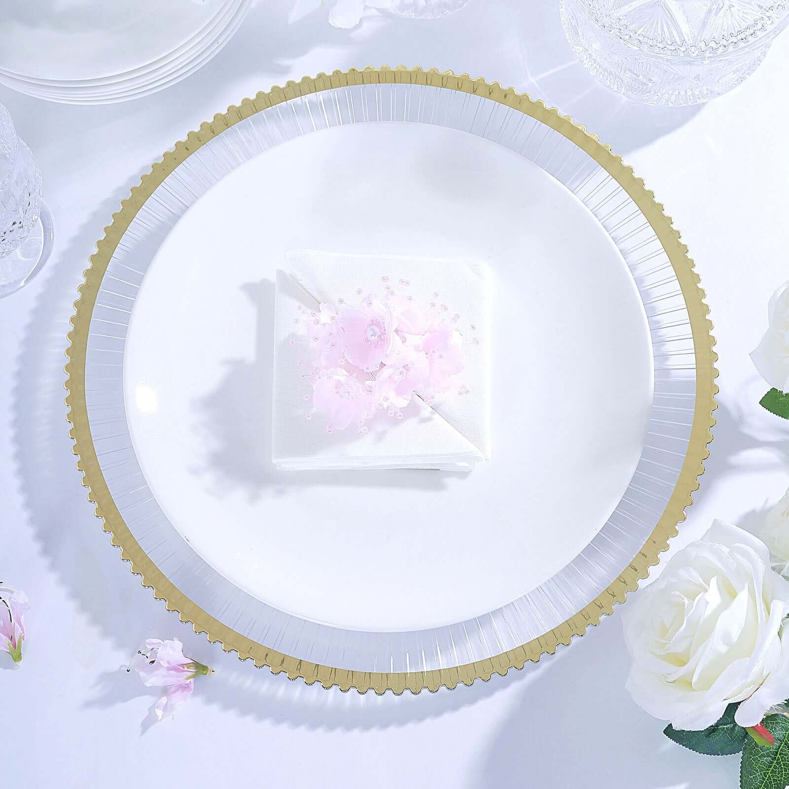 6-Pack Acrylic Plastic Round Charger Plates 13" in Clear with Gold Sunray Wavy Rim, Exquisite Dinner Serving Plates