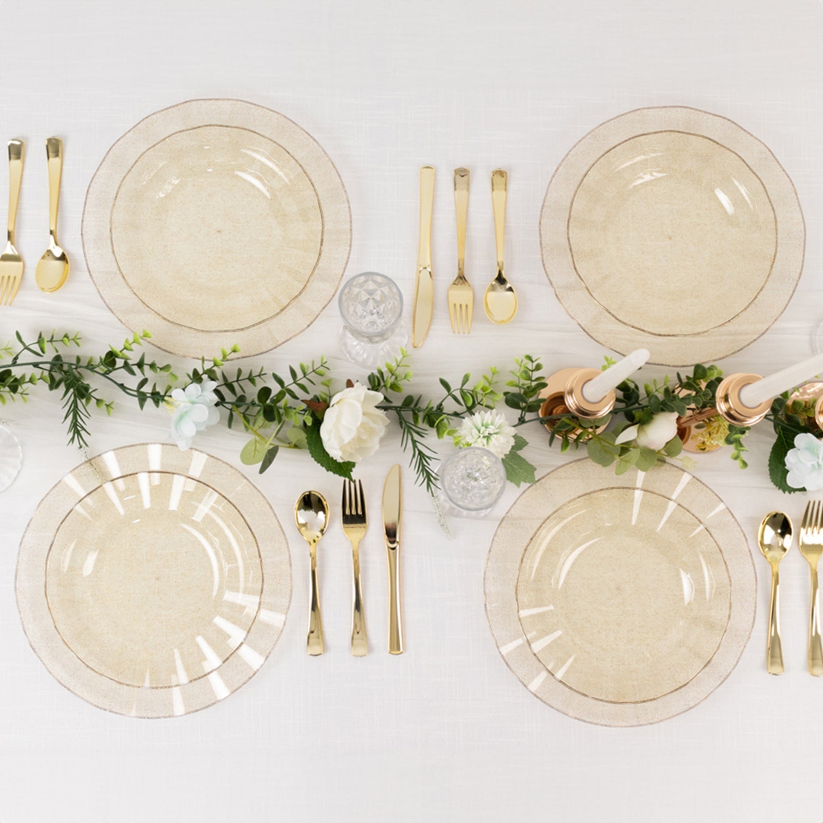 10-Pack Plastic 9" Round Dinner Plates in Gold Glitter with Ruffled Rim - Sturdy Disposable Dinnerware