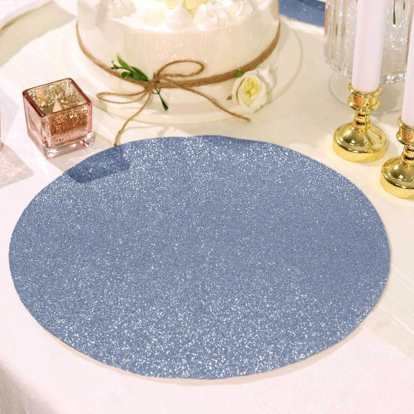 6-Pack Placemats Glitter Design Dusty Blue Sparkle Round - Non-Slip Decorative Dining Table Mats 13"