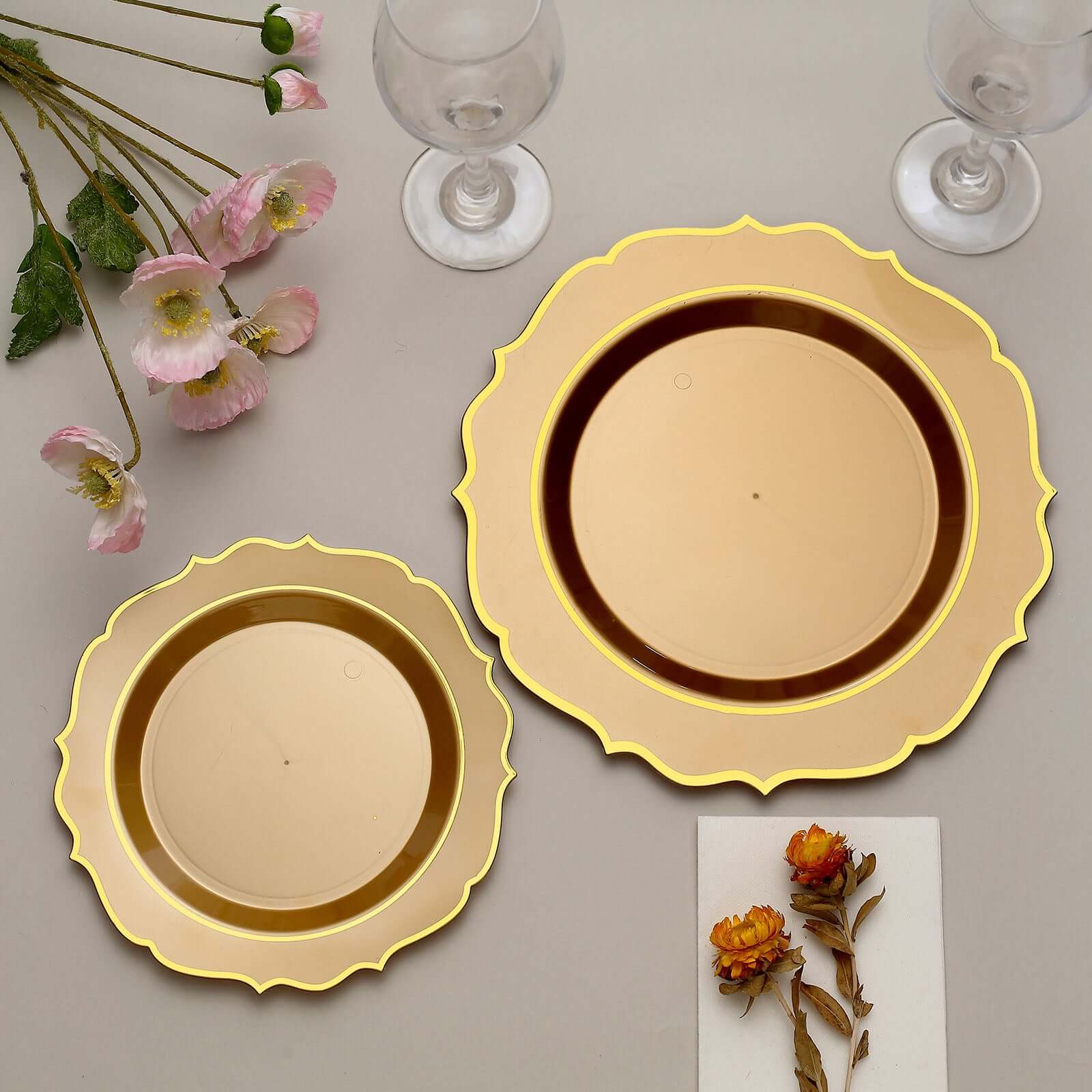 10-Pack Plastic 8" Round Desert Plates in Gold with Gold Scalloped Rim - Disposable Appetizer/Salad Plates