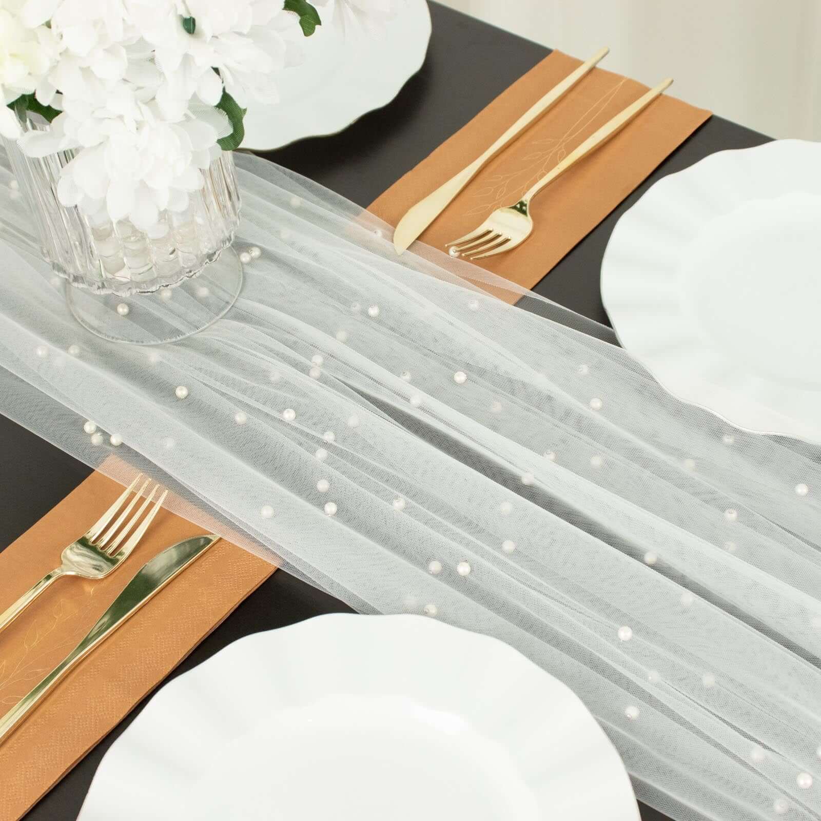 Sheer Tulle 48"x120" Table Runner White Pearl Embellished - Stylish Wedding & Event Table Linen