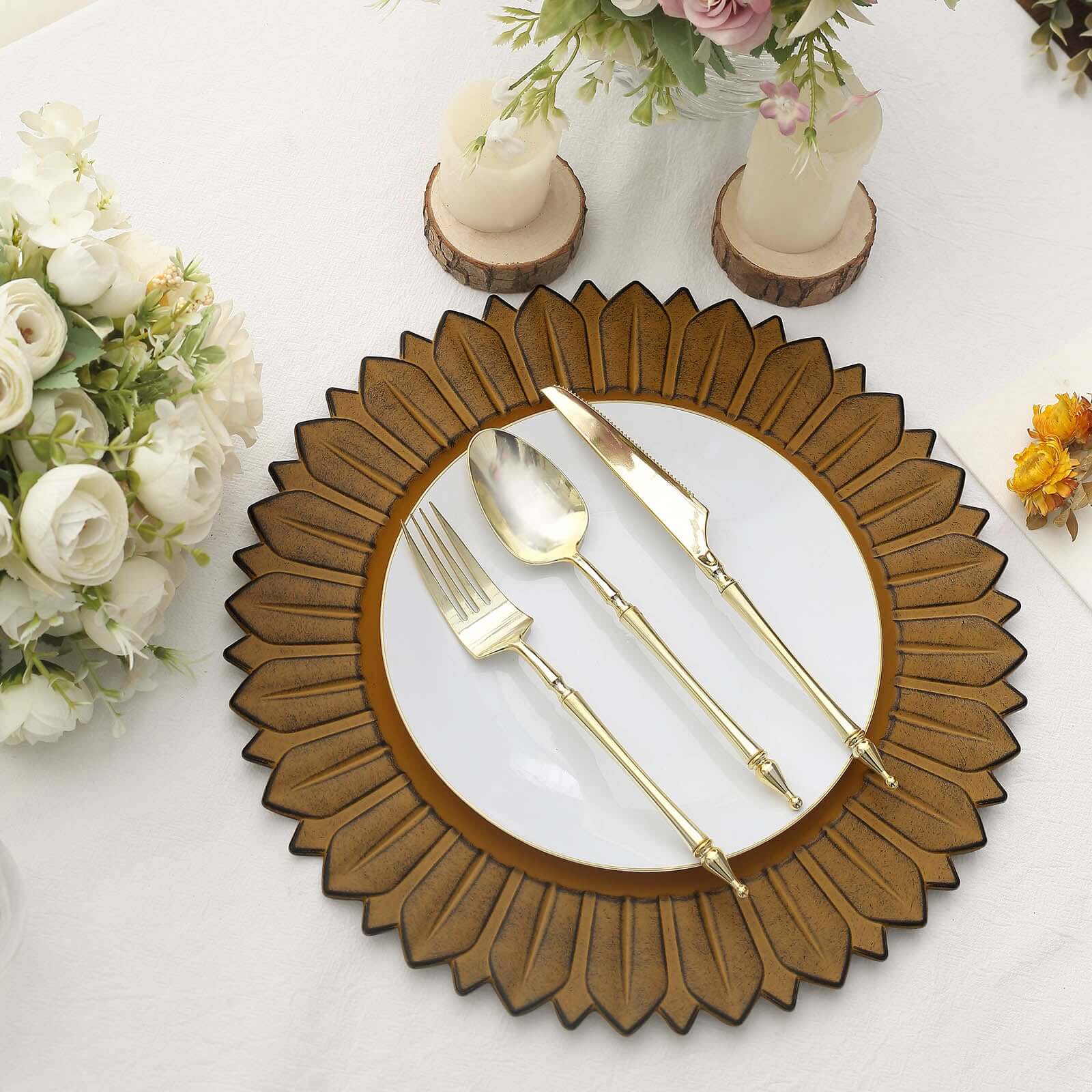 6-Pack Plastic Round Charger Plates 13" in Mustard Yellow with Sunflower Rim, Matte Finish Disposable Dinner Charger Tableware