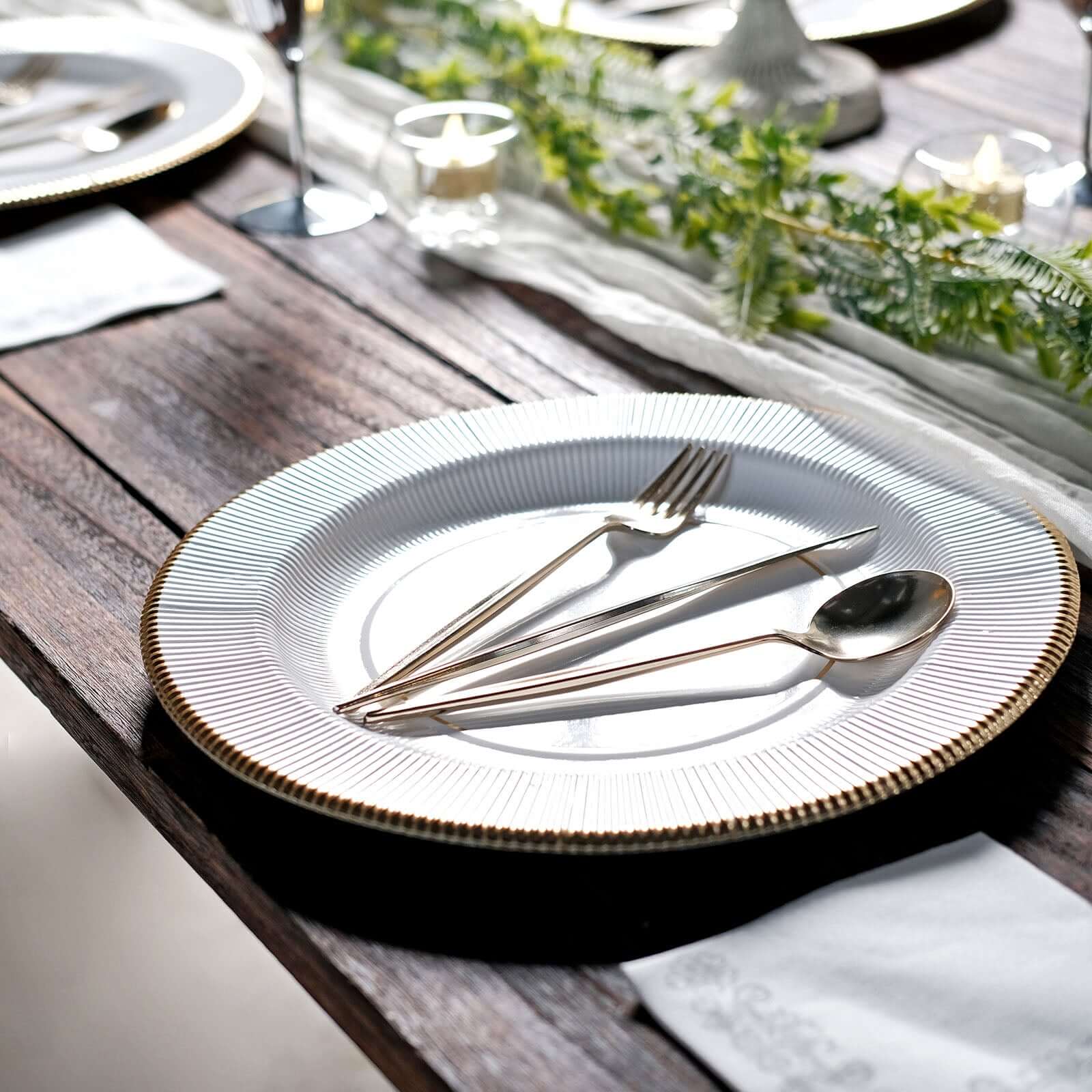 25-Pack Disposable Round Charger Plates in White Sunray Design with Gold Rim - 350GSM Heavy Duty Paper Chargers for Chic Table Settings 13"