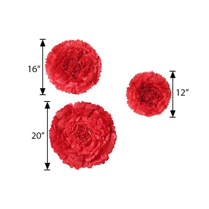 Set of 6 Red Giant Carnation 3D Paper Flowers Wall Decor - 12",16",20"