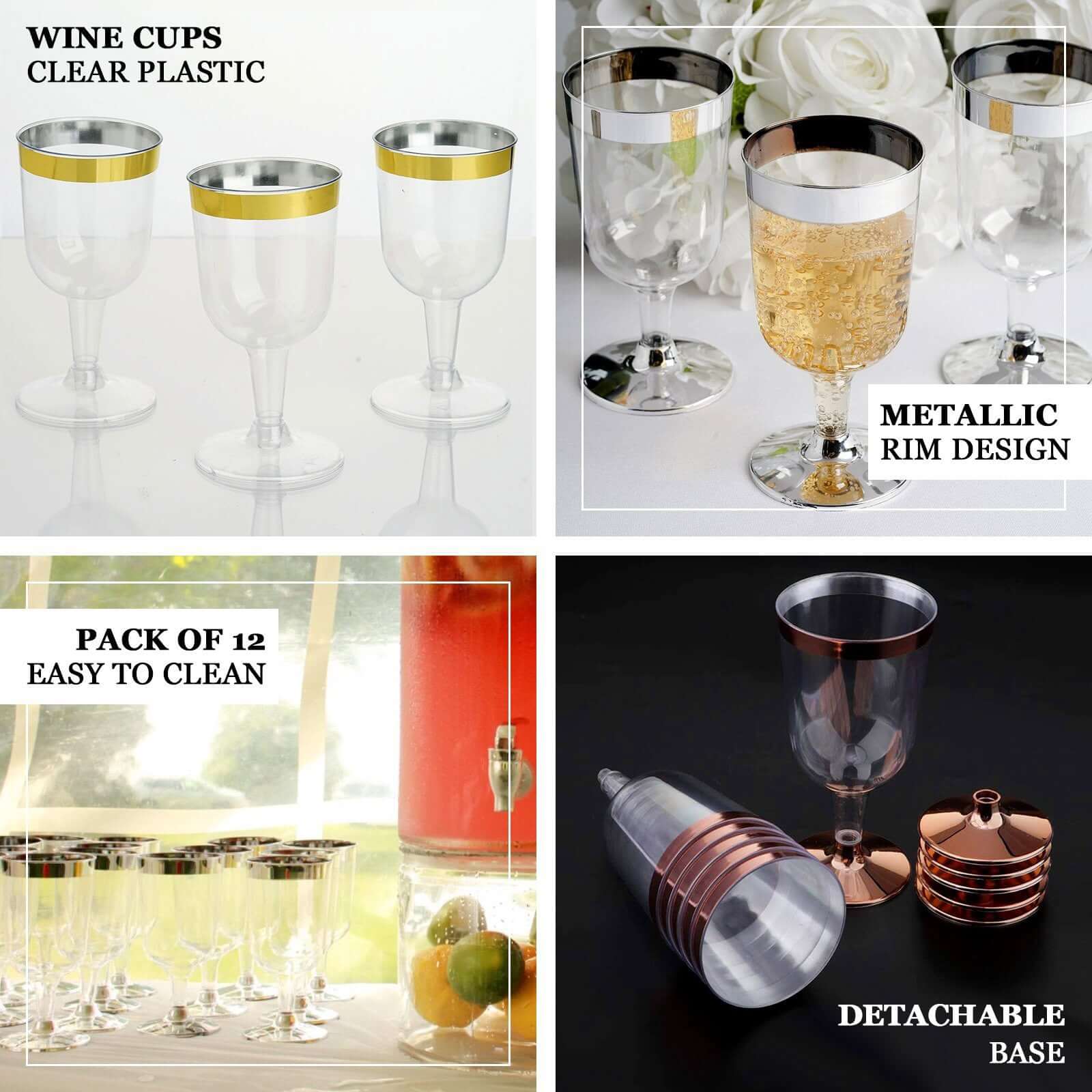 12-Pack Plastic Wine Glasses Clear with Rose Gold Rim - Classy Disposable Cups with Detachable Base for Weddings & Special Occasions 6oz