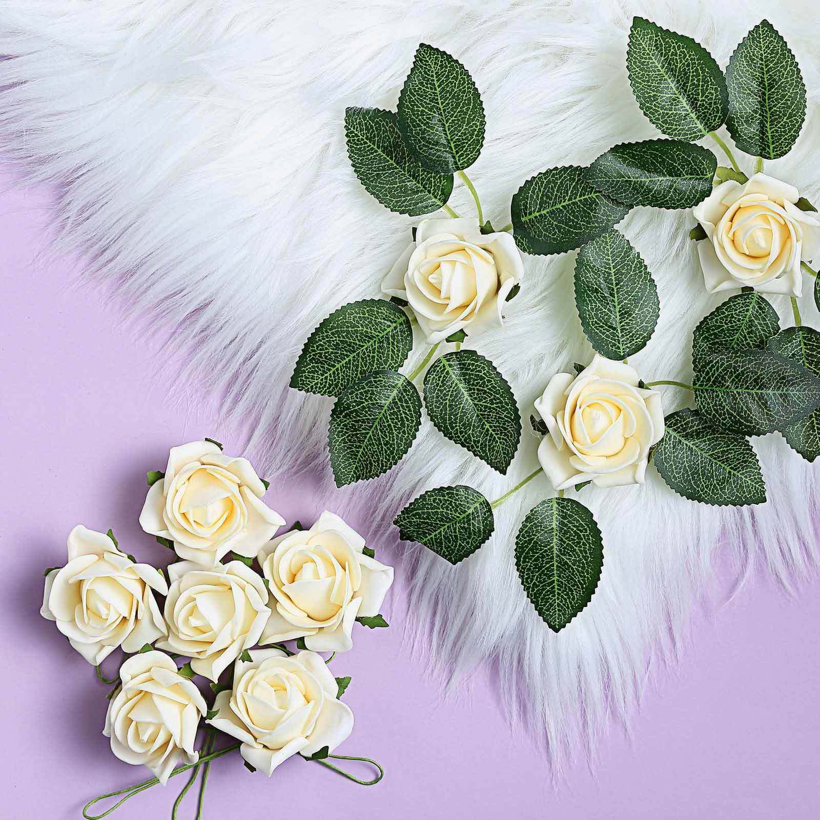 24 Roses 2" Cream Artificial Foam Flowers With Stem Wire and Leaves