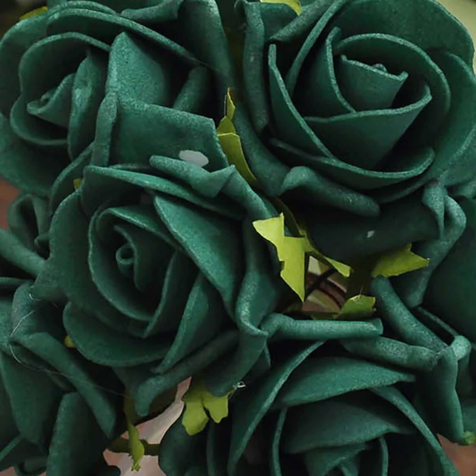 24 Roses 2" Hunter Emerald Green Artificial Foam Flowers With Stem Wire and Leaves