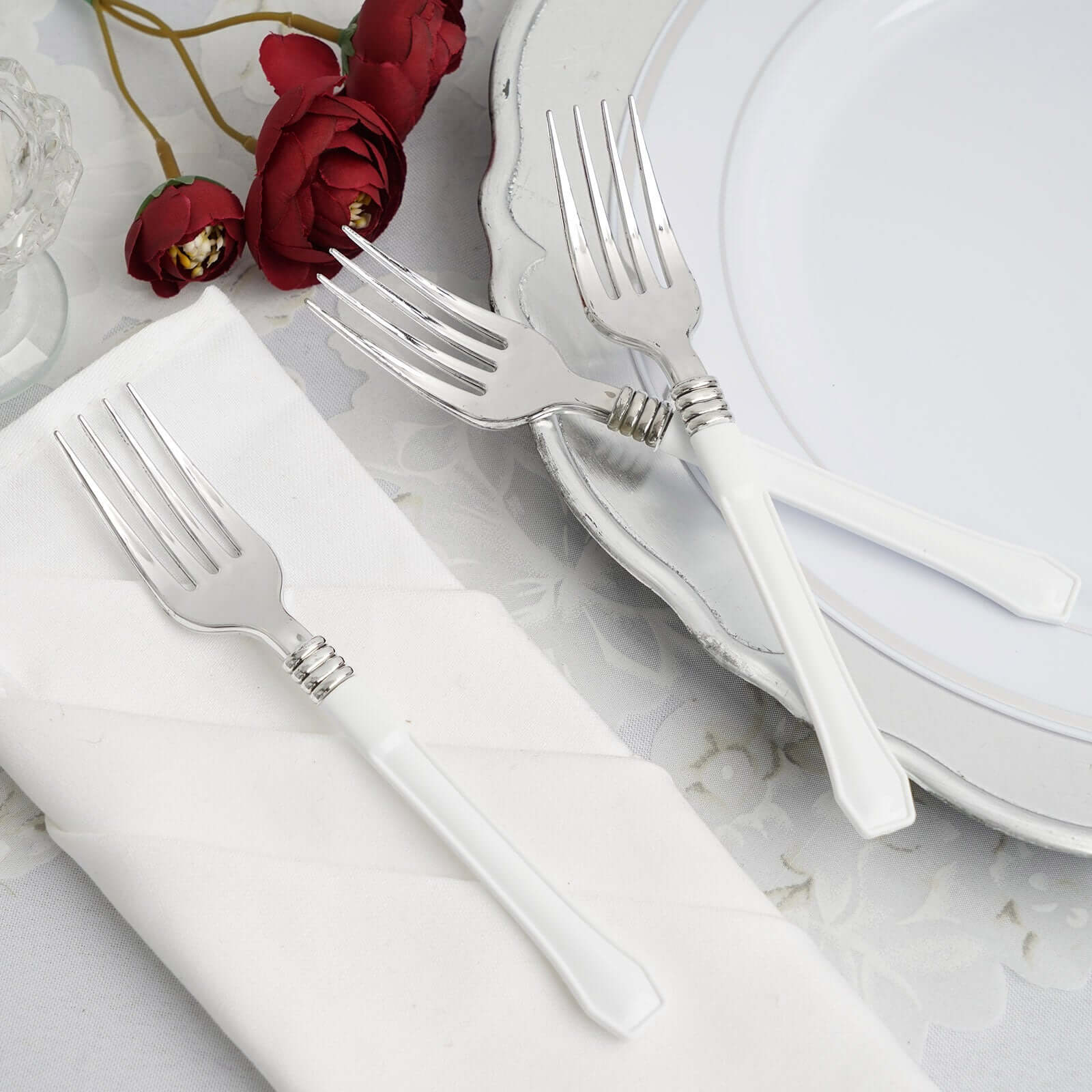 25-Pack Plastic Forks Light Silver Heavy Duty with White Handles - Reliable Disposable Tableware 7"