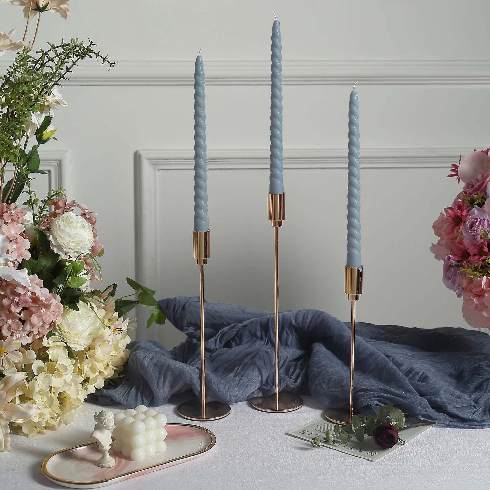 12-Pack Taper Candles Spiral Long Burn Wick Design Dusty Blue - Premium Unscented Wax Dinner Candle Sticks 11"