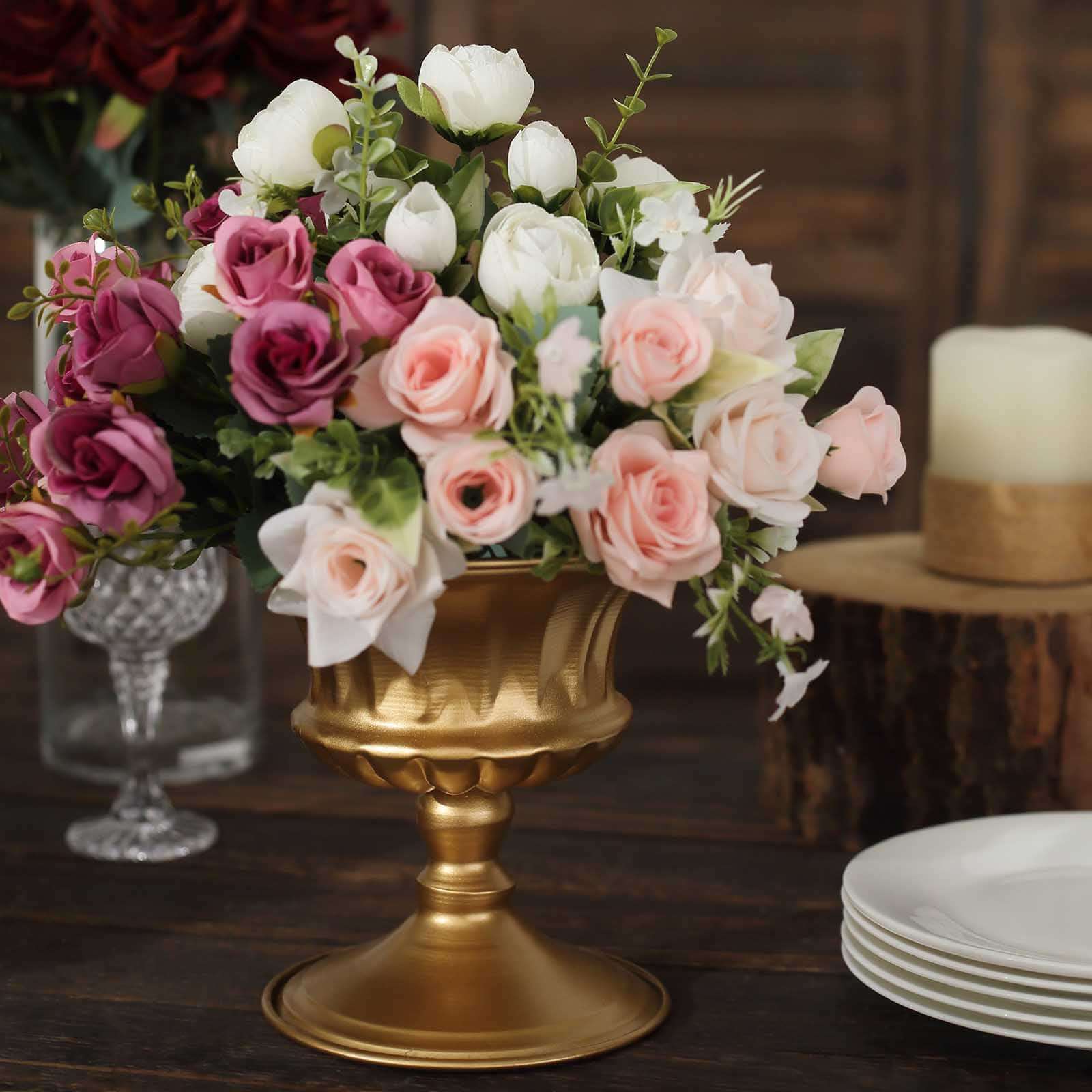 2-Pack Metal Pedestal Flower Vases Roman Style Gold - Sophisticated Mini Compote Vase for Table Settings 6"