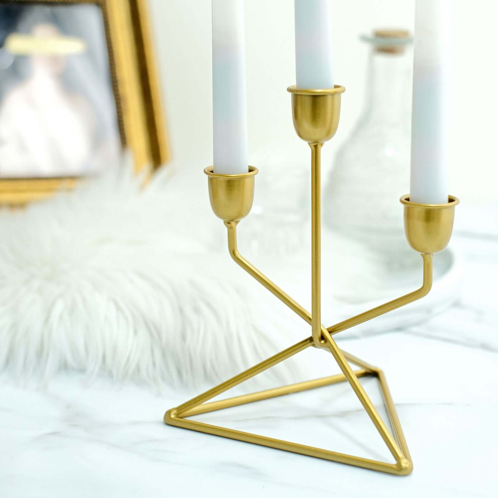 2-Pack Triangle Base Geometric Taper Candelabra 3 Arm Candle Holder Design Gold Metal - Decorative Centerpiece 7"