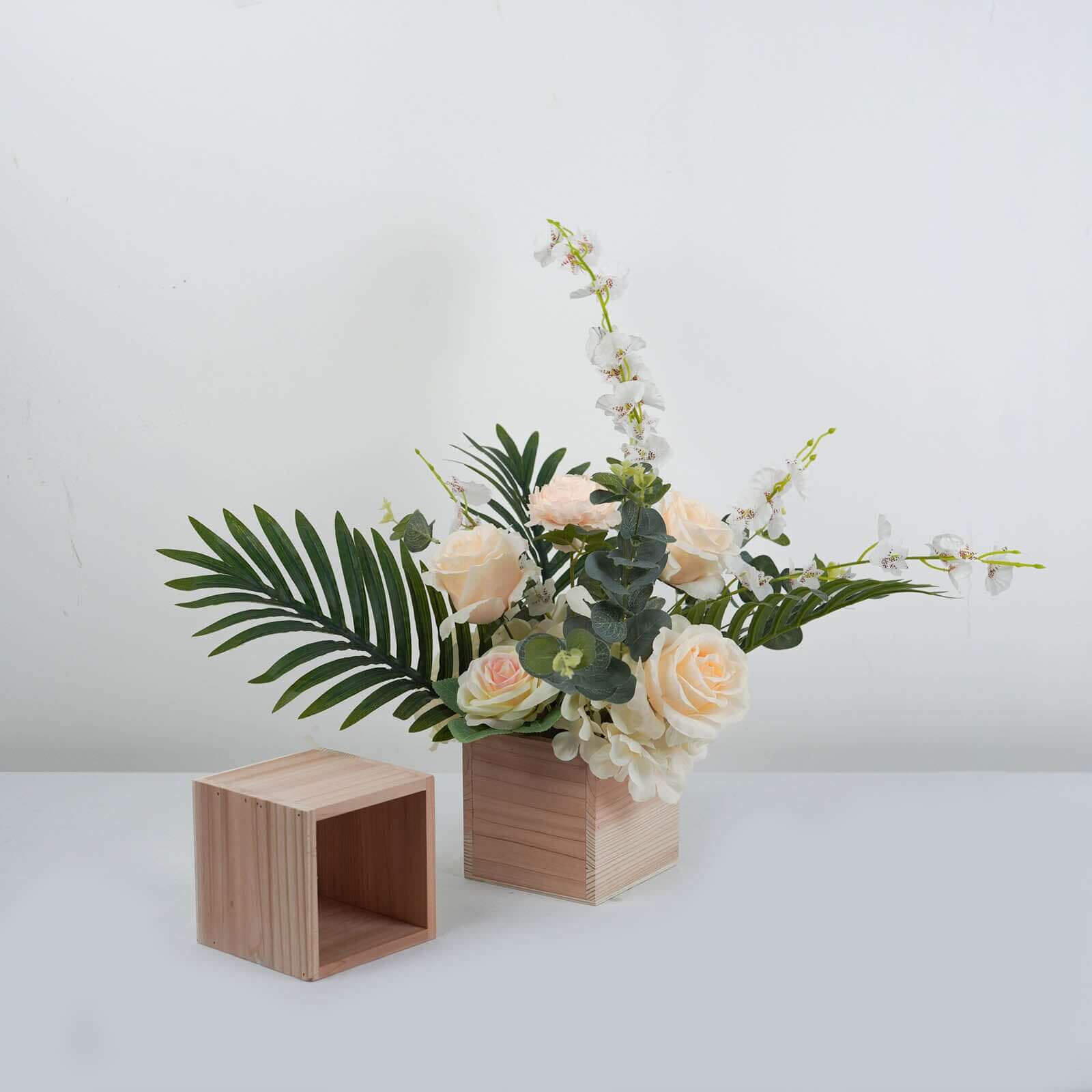 2 Pack 5" Square Tan Wood Planter Box Set, Plant Holder With Removable Plastic Liners