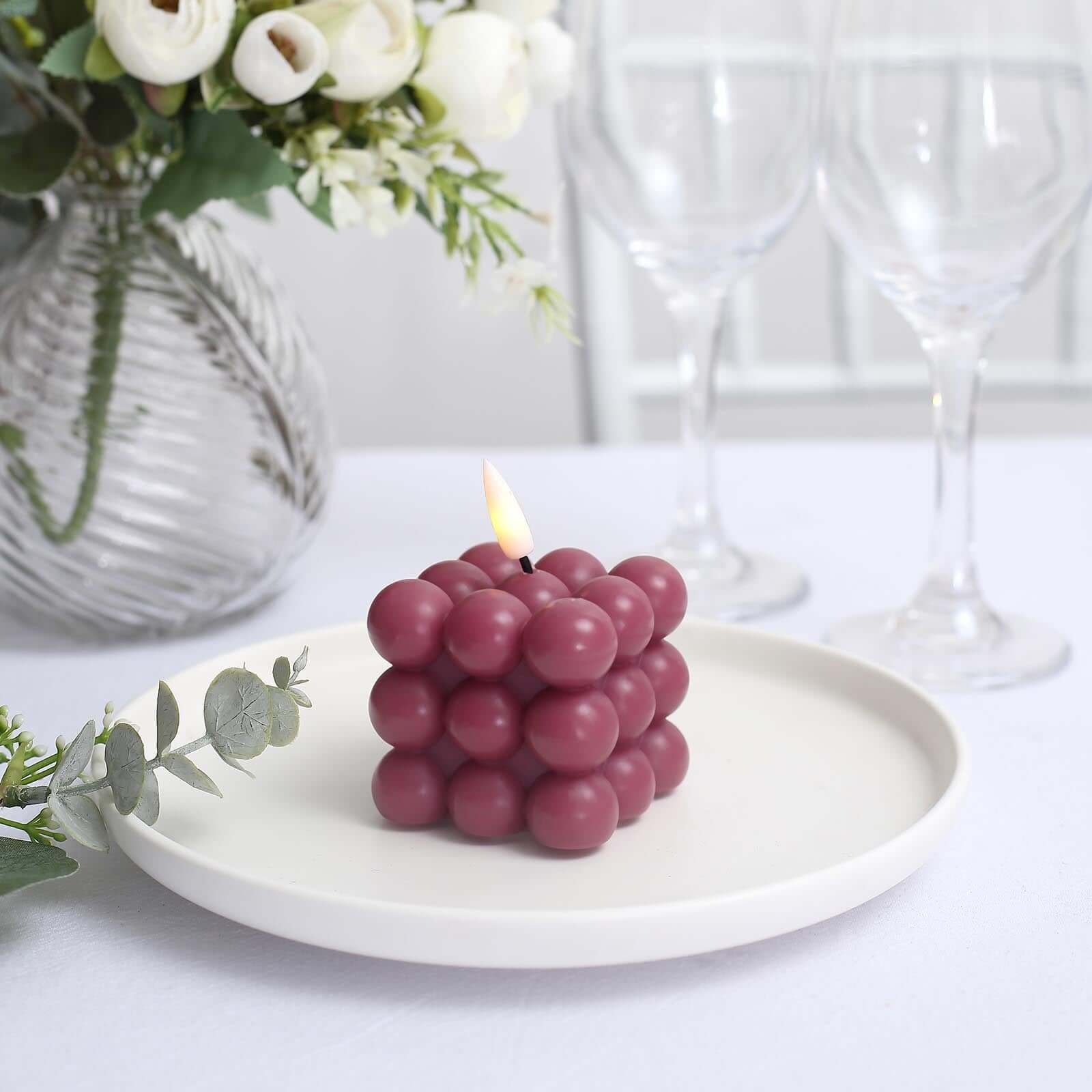 2-Pack LED Flameless Cube Candles Flickering Warm White Burgundy - Battery Operated Bubble Design 2"