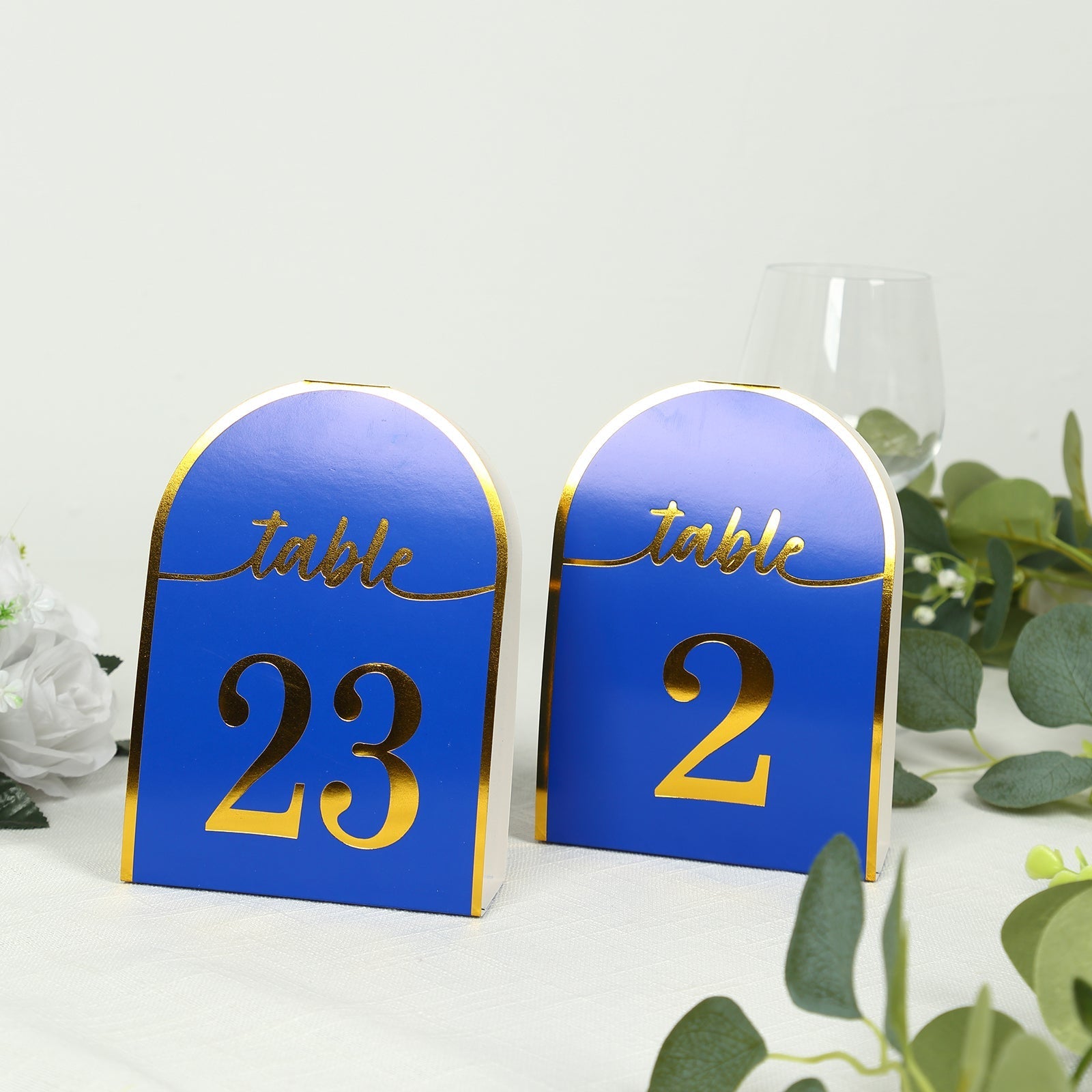 25-Pack Paper Wedding Table Numbers 1-25 Royal Blue Arch Cutout Design - Sleek & Modern Free Standing Double Sided Table Tent Cards with Metallic Gold Foil Numbers 7"