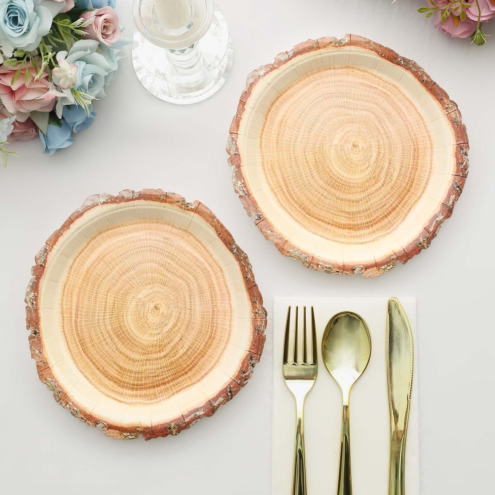 25-Pack Paper 7" Round Dessert Plates in Natural Wood Slice Print - Disposable Appetizer Salad Plates for Rustic Farmhouse Style Events