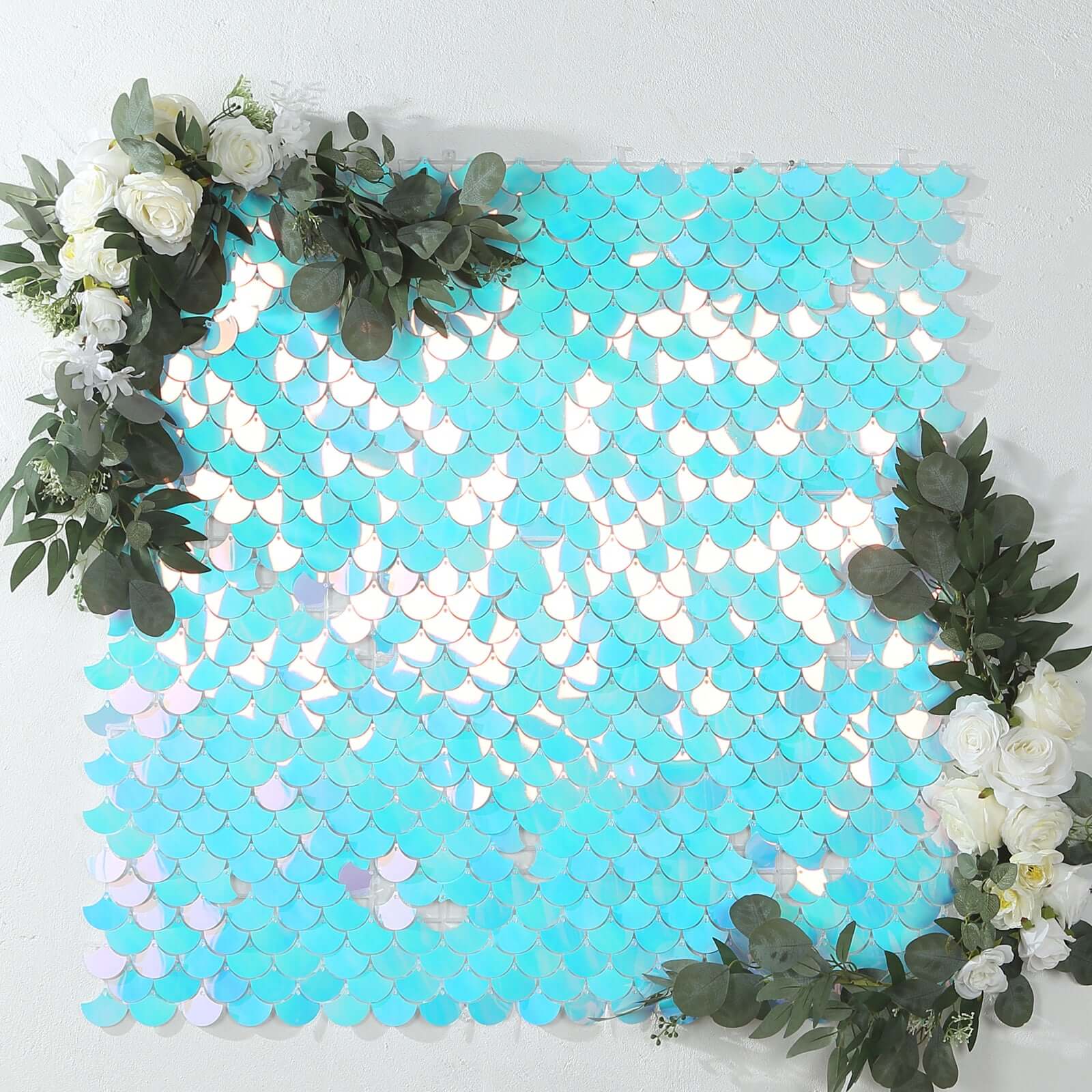 24sq.ft Shiny Iridescent Blue Sequin Shimmer Wall Photo Backdrop with Mermaid Scales Pattern, Party Wall Art Décor Panels - 24 Panels