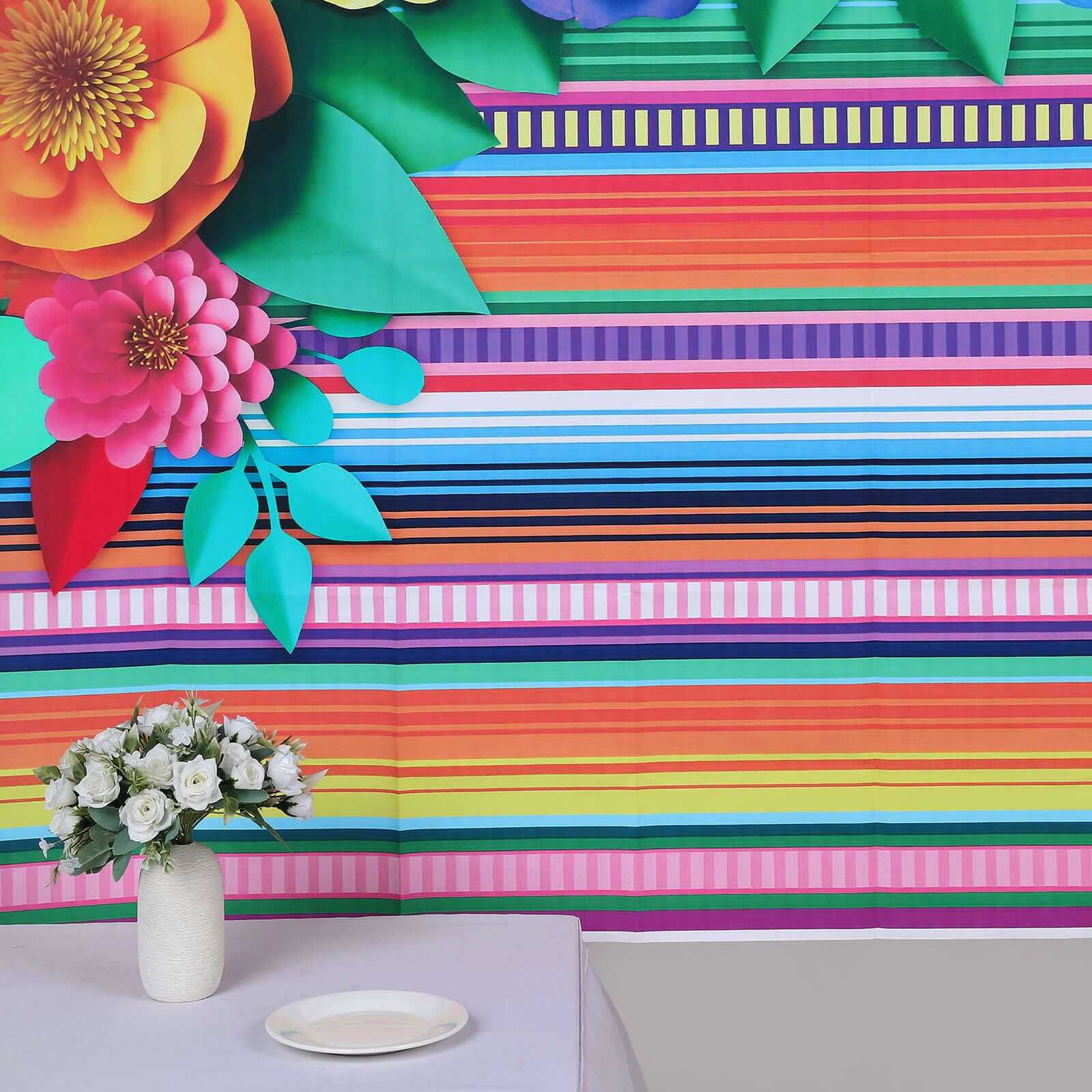 5ftx7ft Colorful Cinco De Mayo Fiesta Vinyl Photography Backdrop, Mexican Themed Multi-Color Striped Paper Flowers Photo Booth Background