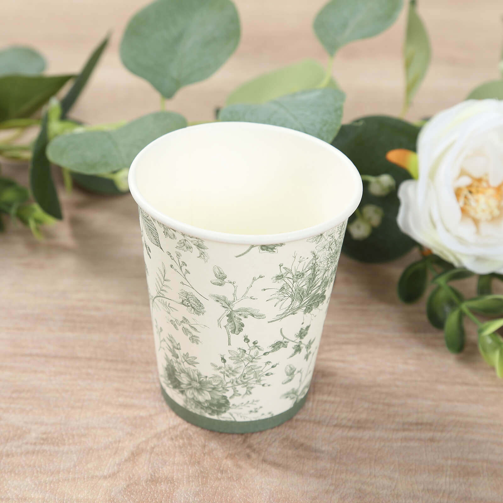 24 Pack Disposable Paper Cups in White Sage Green French Toile Pattern, Elegant Party Cups - 9oz