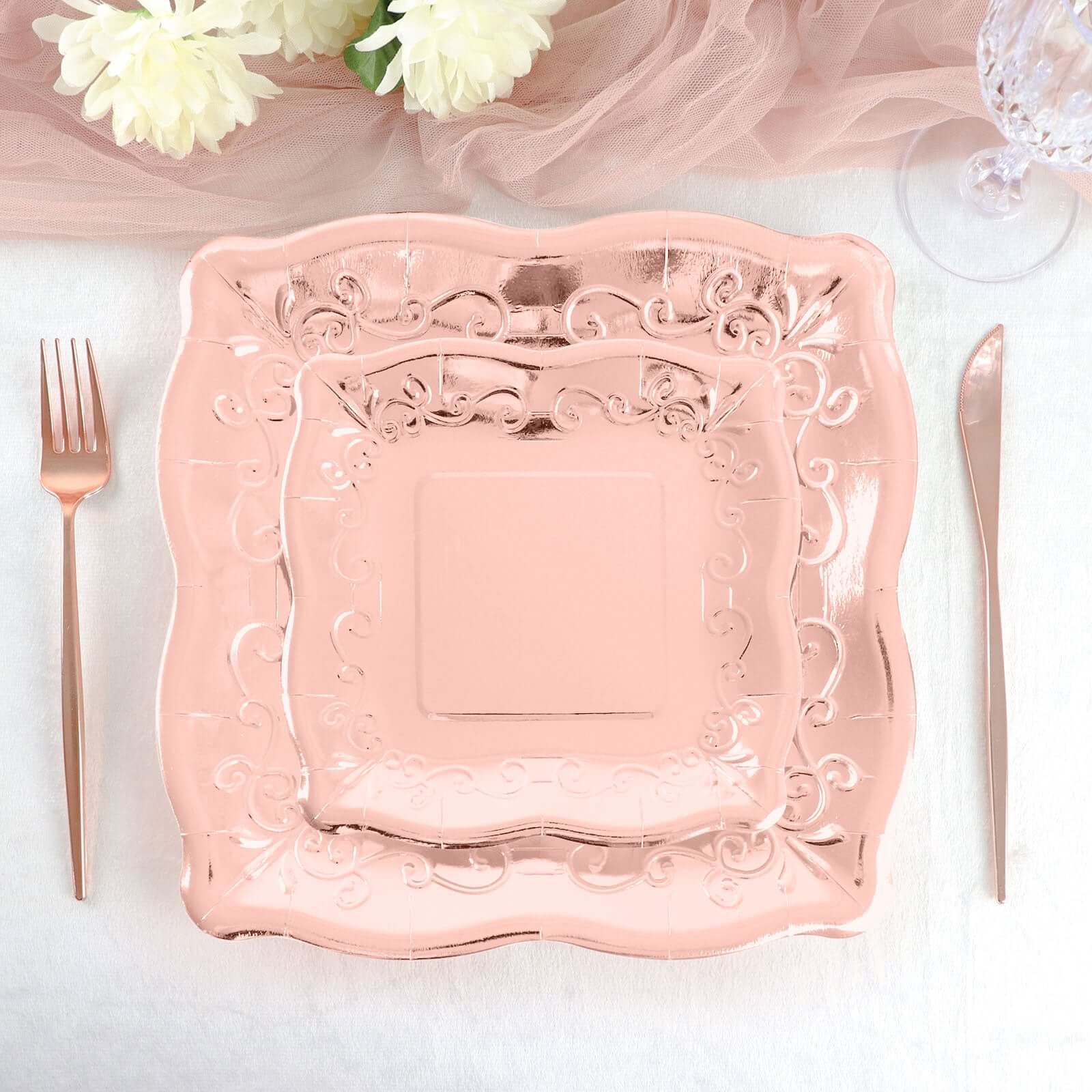 25-Pack Paper 11" Square Dinner Plates in Blush Rose Gold with Vintage Pottery Embossed Design - Shiny Metallic Disposable Serving Plates